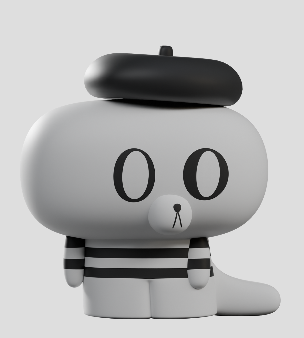 Hard Stare Pierre Blind Box features a 3D cartoon cat in mime attire, showcasing a beret and striped shirt, crafted from resin, standing at 2.2 inches tall.