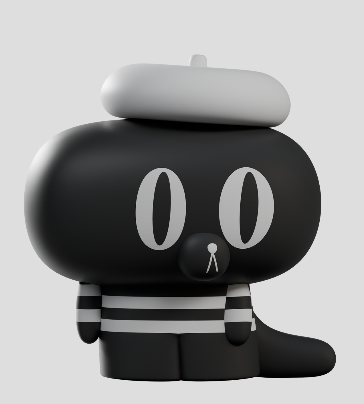 Hard Stare Pierre Blind Box: A black feline-inspired vinyl toy with a beret, striped shirt, and large eyes, reflecting a mime aesthetic.
