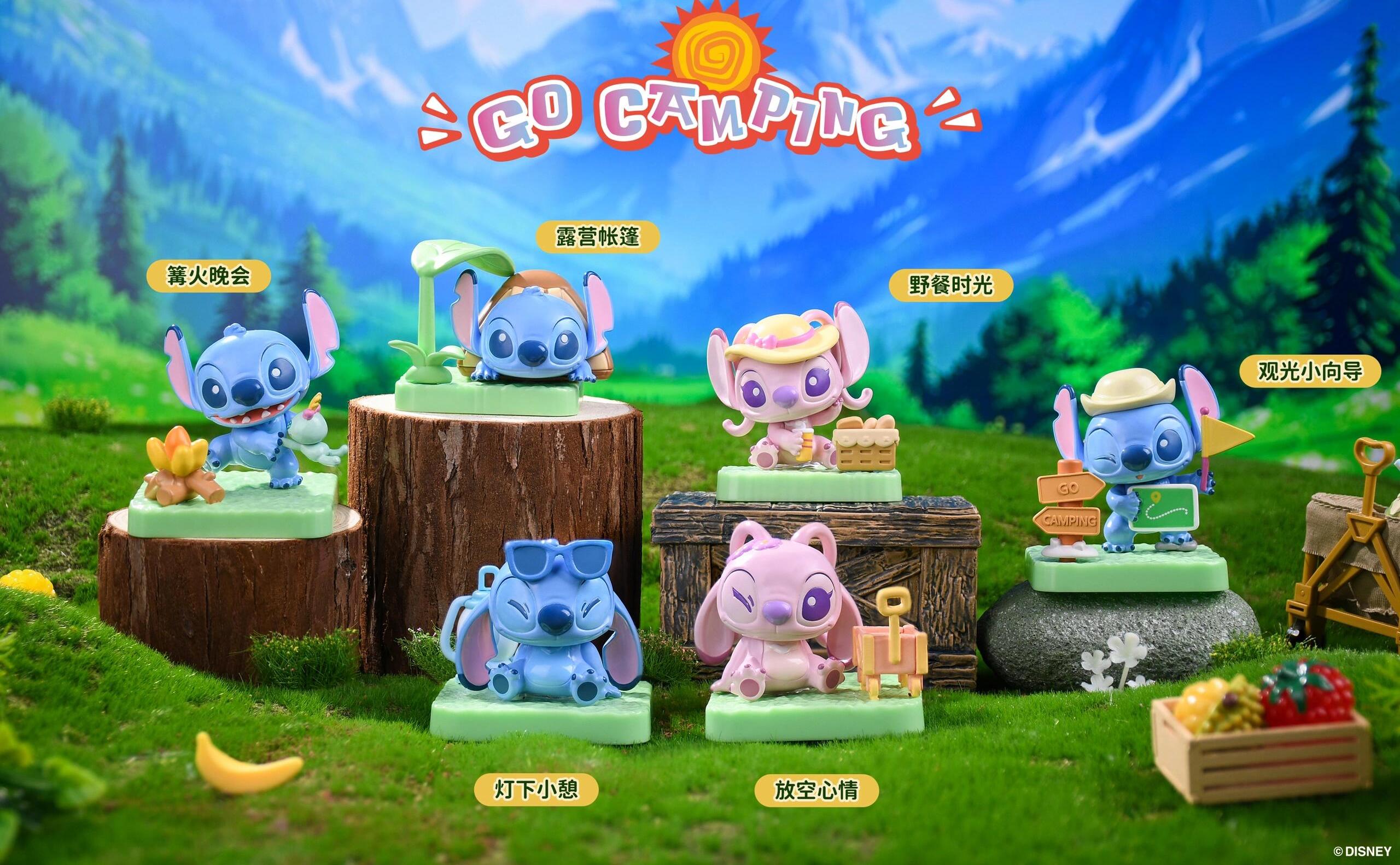 Stitch Go Camping Blind Box Series - Preorder, featuring small figurines on grass, showcasing 6 designs. Includes picnic-themed elements like toy animals and a wooden box.