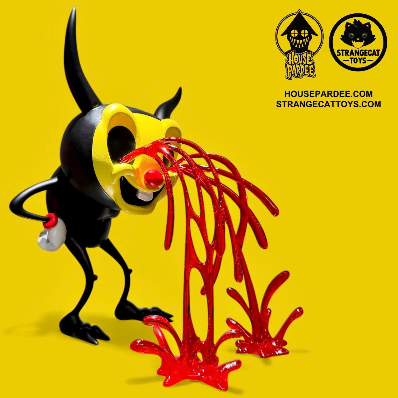 Vinyl figure I Love My Job by Alex Pardee, black body with yellow face, red nose, and glossy red sludge, limited edition of 250 pieces.