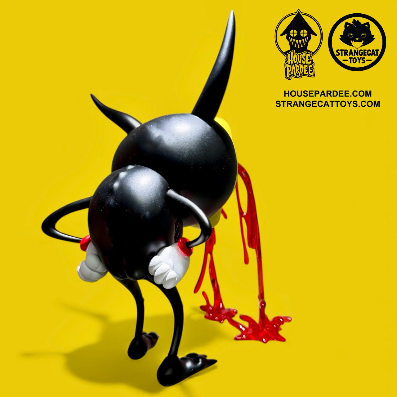 I Love My Job by Alex Pardee: black vinyl art toy with red liquid detail, classic animation style, limited to 250 pieces, logos for House Pardee and StrangeCat Toys.