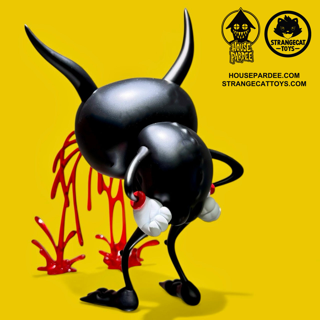 I Love My Job by Alex Pardee: A shiny black art-toy figure with horns, oversized hands, and a red splatter effect. Limited edition, 6-inch vinyl.