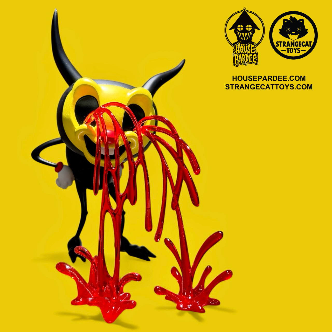 Designer vinyl toy I Love My Job by Alex Pardee, featuring a black figure with Mickey gloves, horns, yellow mask, and spewing red goo, limited to 250 pieces.