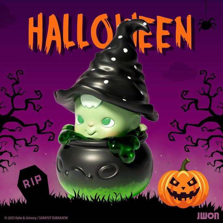 Dylie(The Witch) by JWON resin toy in a pot, Halloween cartoon pumpkin character close-up. Limited edition 11.5cm, 75pcs.