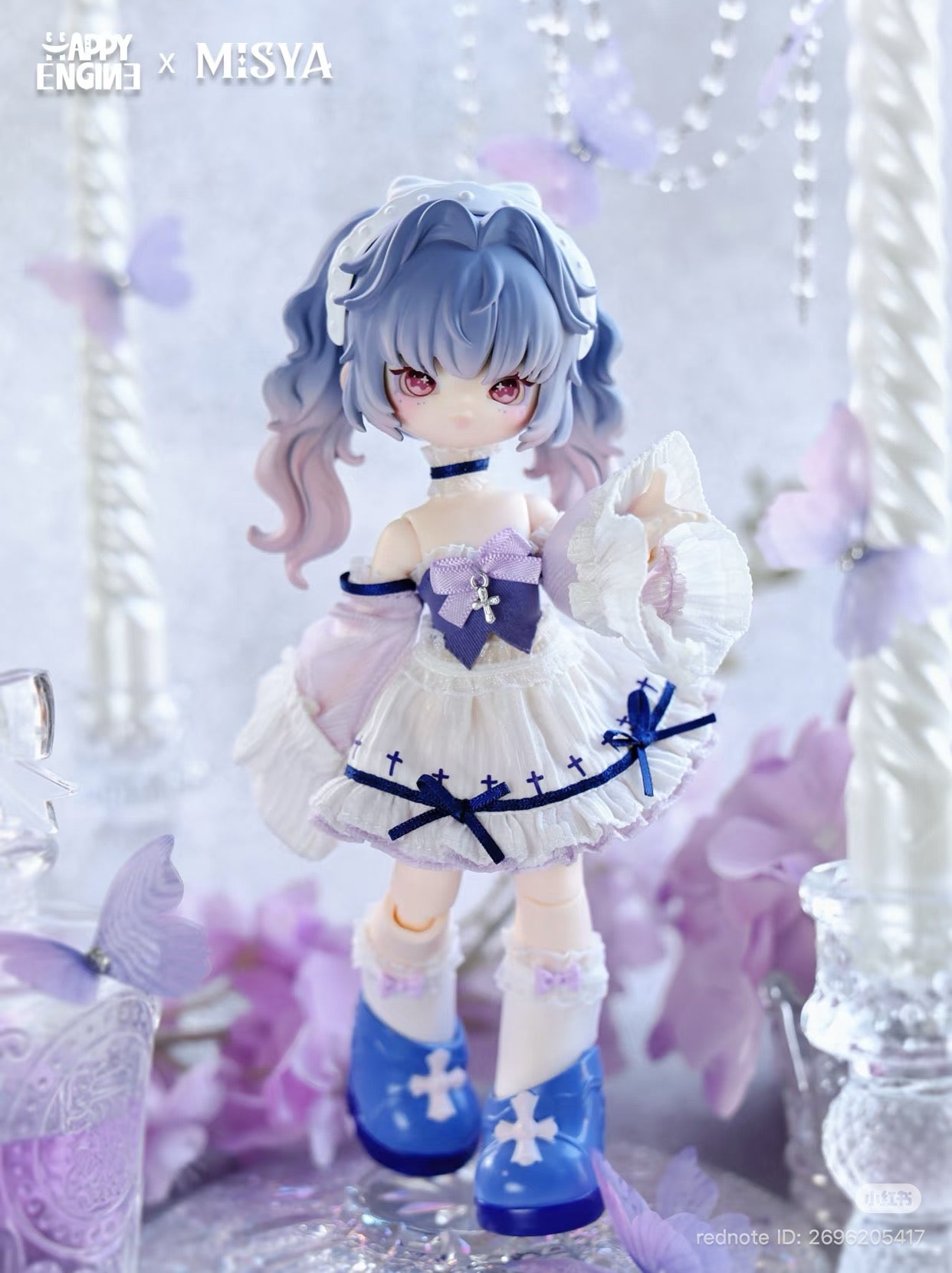 MISYA – Oddities Cabinet Series BJD Blind Box collectible doll in gothic-lolita outfit with pastel hair, amid whimsical decor. Limited edition, artist-designed.