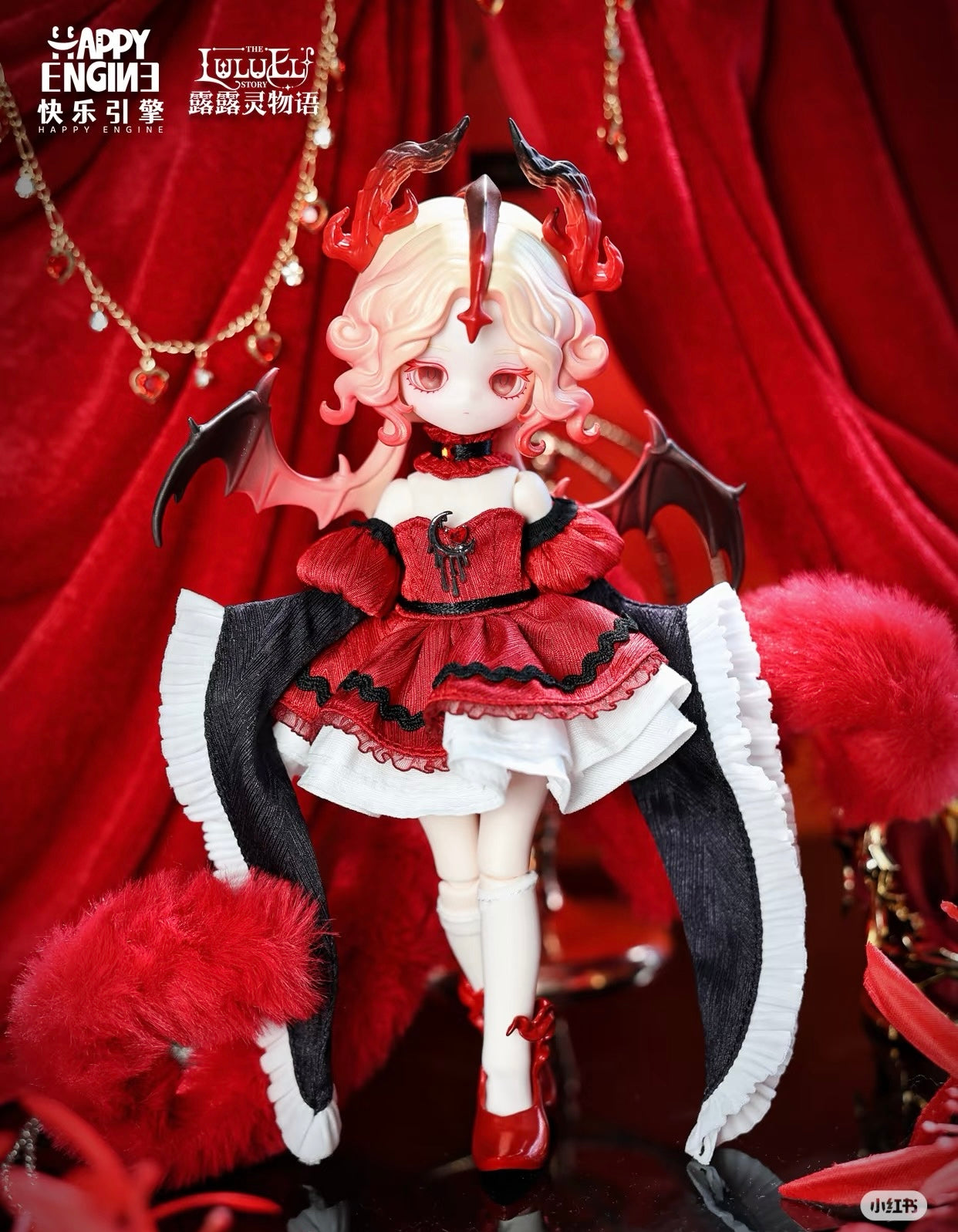 Luluelf Story Series BJD Blind Box doll, featuring a devilish motif with horns, wings, red-and-white dress, and branded Happy Engine and The LuLu Story.