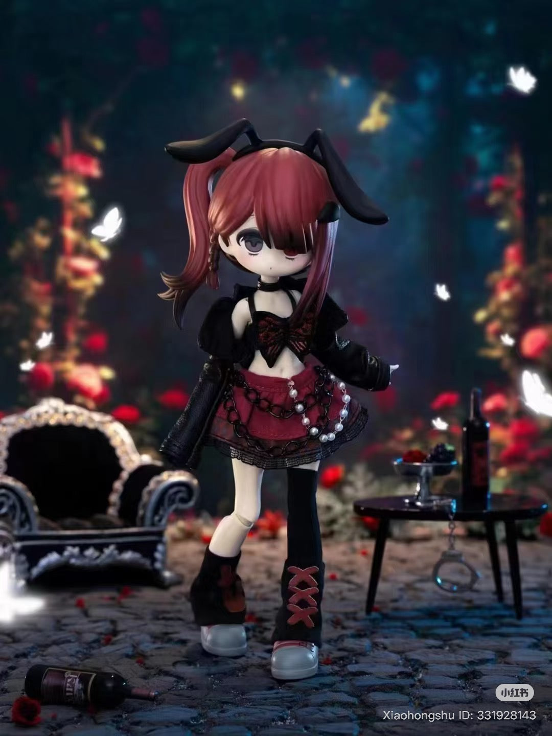 Anime-style figurine with red pigtails, eyepatch, gothic-Lolita outfit, and bunny ears, posed among roses. Part of Ten thousand Escapes Plan 1/12 Articulated BJD Blind Box.