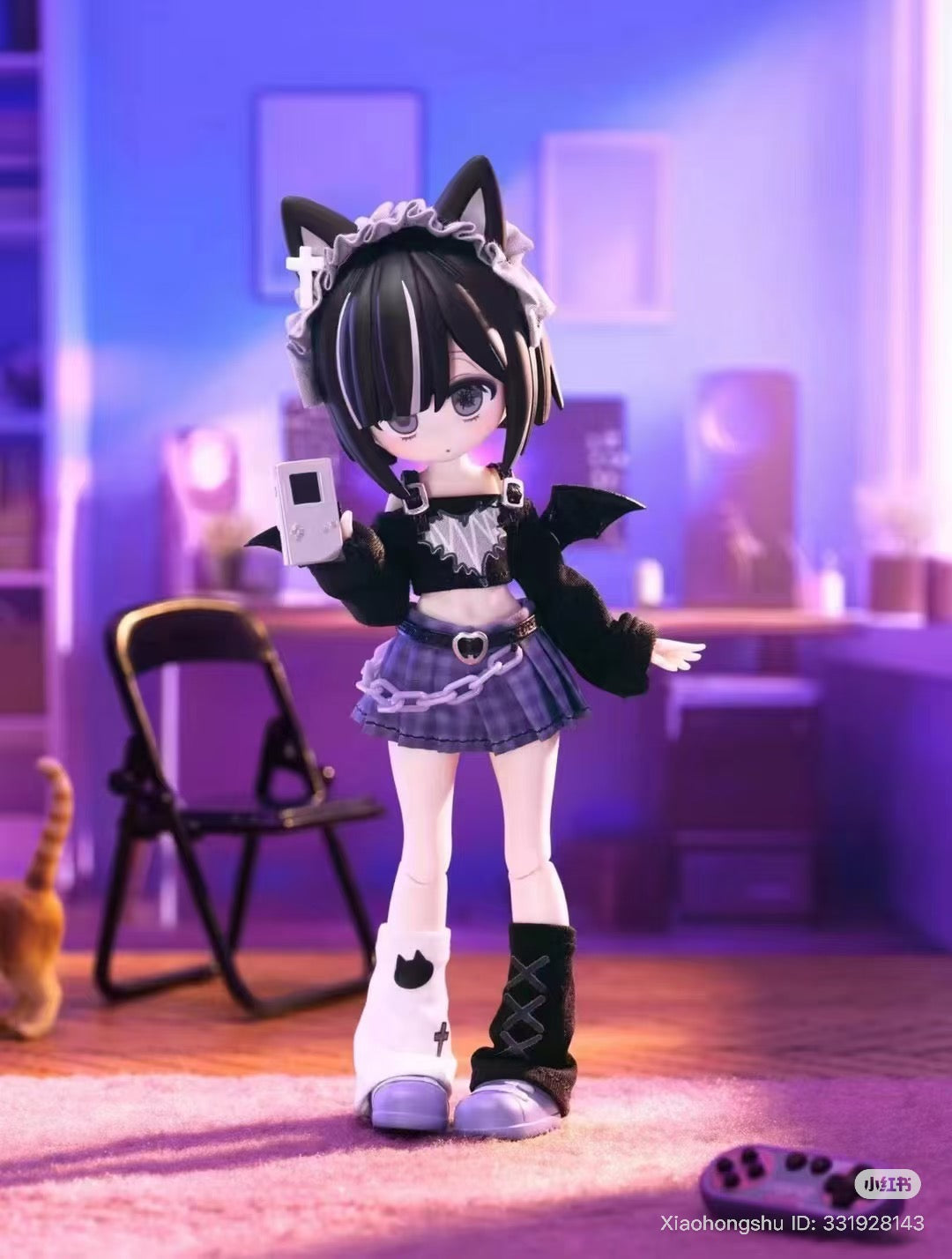 Anime-inspired gothic-punk doll from Ten Thousand Escapes Plan 1/12 Articulated BJD Blind Box, holding a handheld game console in a purple room.