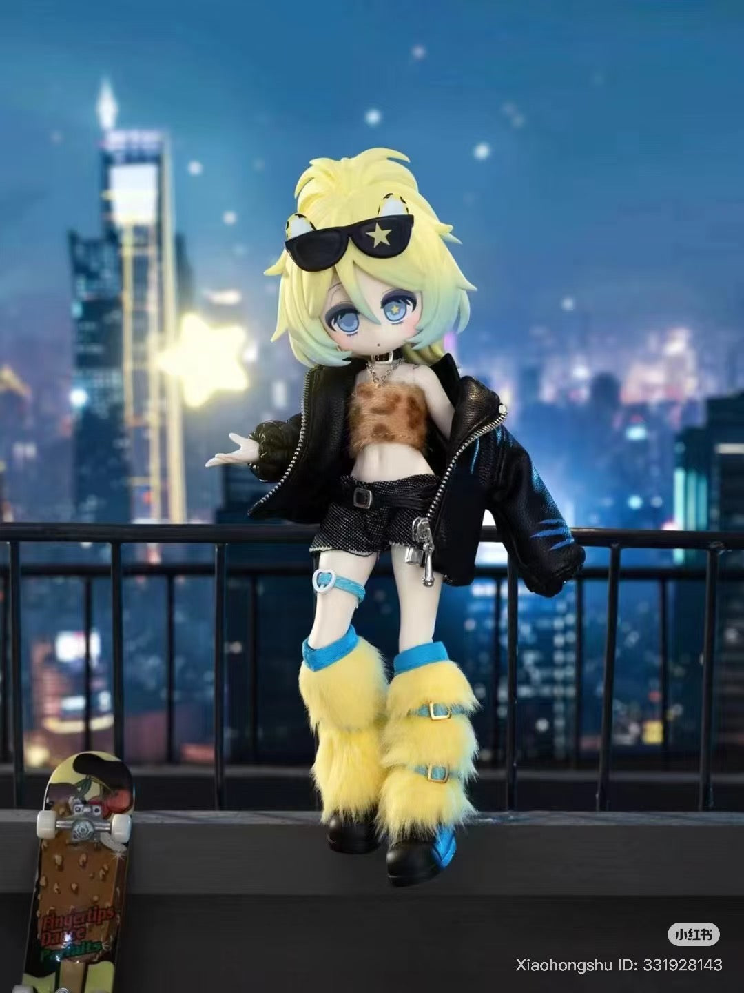 Chibi-style doll posed on rooftop, wearing leopard-print top, leather jacket, mini-shorts, and fuzzy boots; part of Ten Thousand Escapes Plan 1/12 Blind Box.