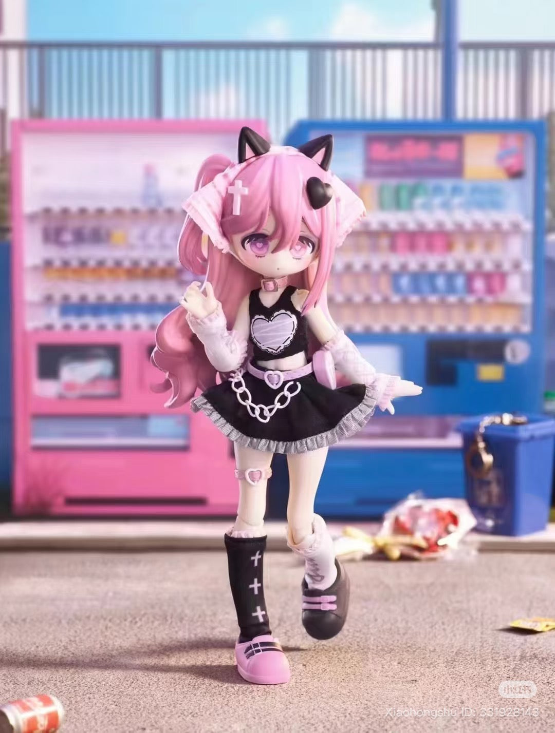 Anime-inspired figurine with pink hair poses by vending machines, part of Ten thousand Escapes Plan 1/12 Blind Box, available for preorder at Strangecat Toys.