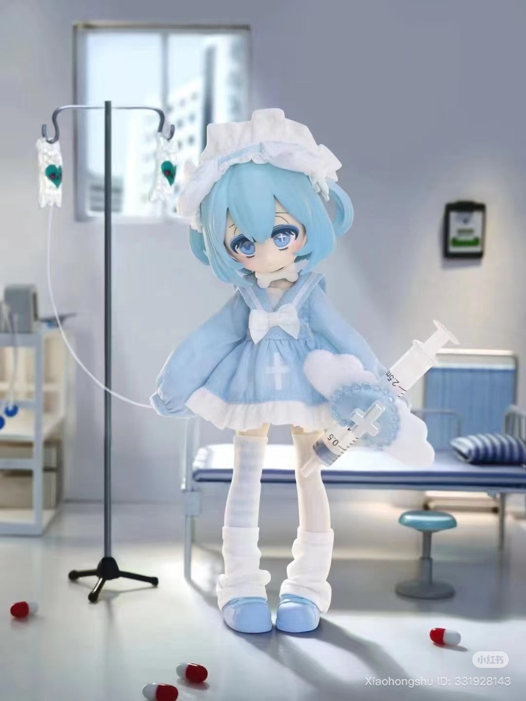 Chibi-style figure from Ten Thousand Escapes Plan 1/12 Articulated BJD Blind Box, posed in a hospital setting, holding a syringe, with medical props around.