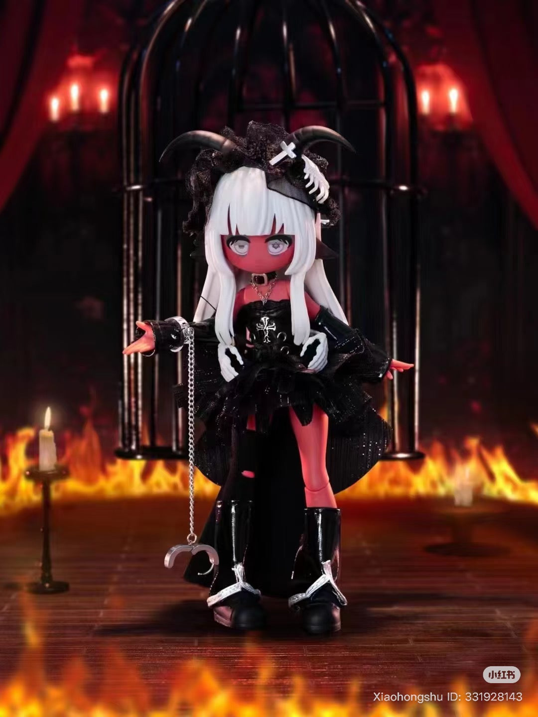 Articulated anime-style doll with red skin, white hair, and horns, in a gothic setting. Part of the Ten thousand Escapes Plan 1/12 BJD Blind Box series.