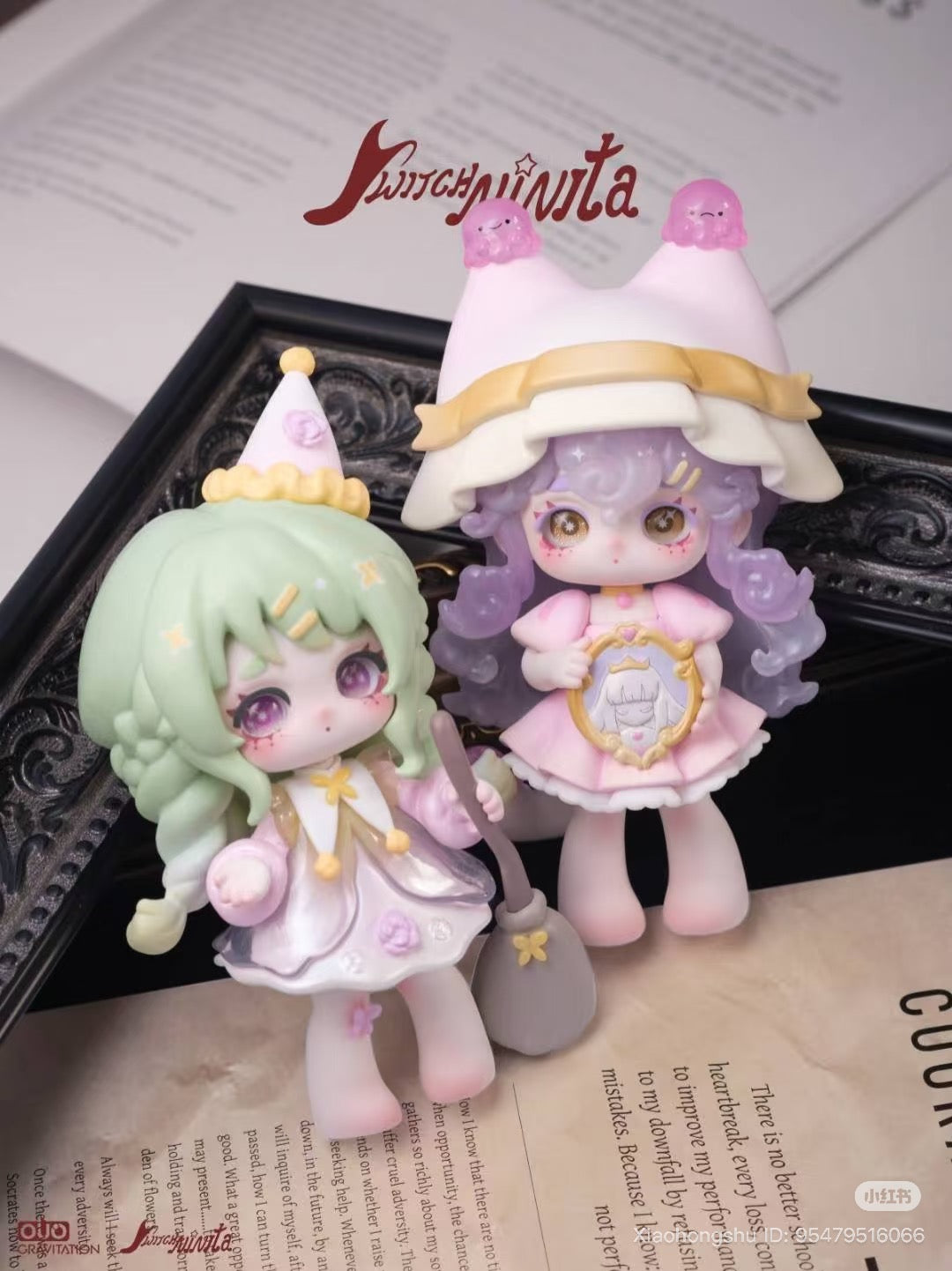 Ninita Magic Mirror Paradise Series Blind Box features chibi figures with pastel hair and outfits, posed on an open book, ideal for K-kawaii collectors.