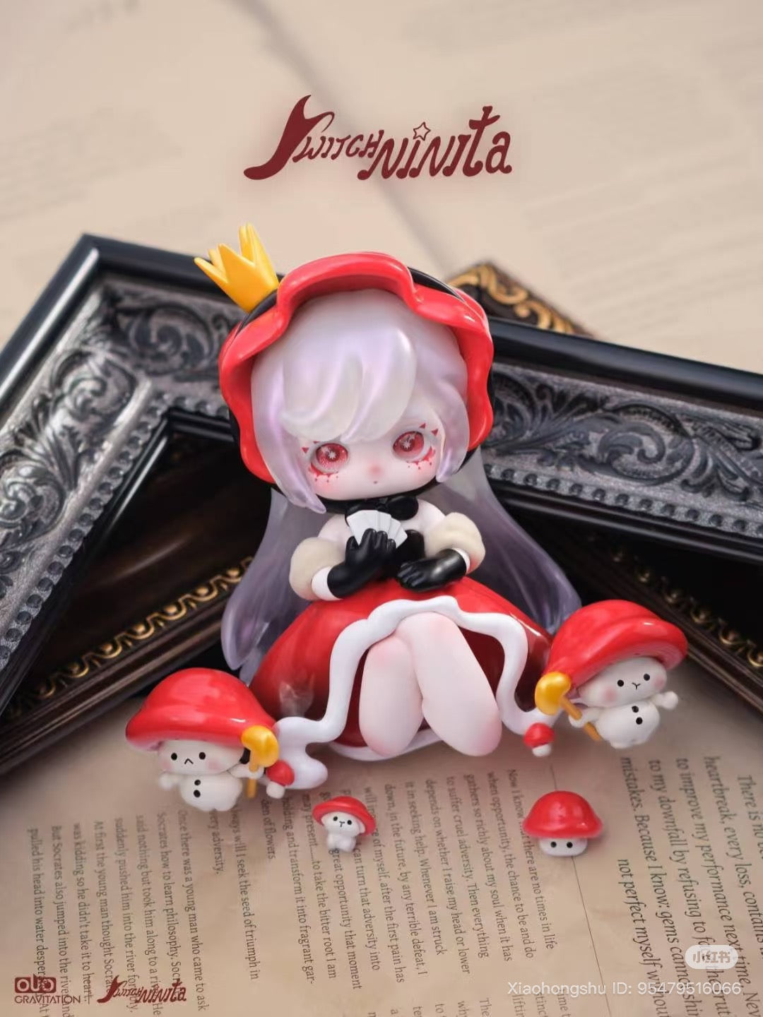 Chibi-style resin figure from Ninita Magic Mirror Paradise Series, featuring a girl in a red hood with mushroom companions, on a page, for preorder.