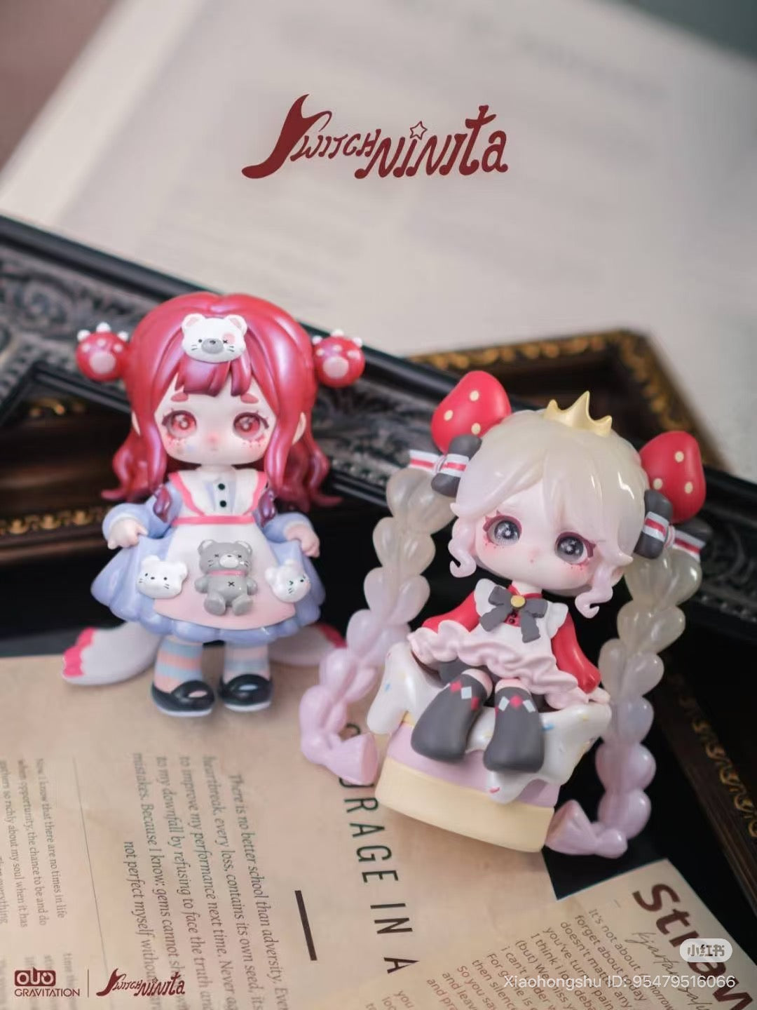 Two chibi-style resin figures from the Ninita Magic Mirror Paradise Series Blind Box, posed on a magazine, featuring unique hairstyles and detailed outfits.