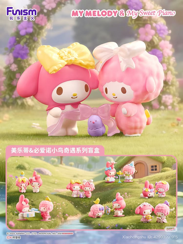 My Melody & My Sweet Piano Adventure Series Blind Box featuring Sanrio characters with mini-scenes of playful activities and birds, available for preorder.