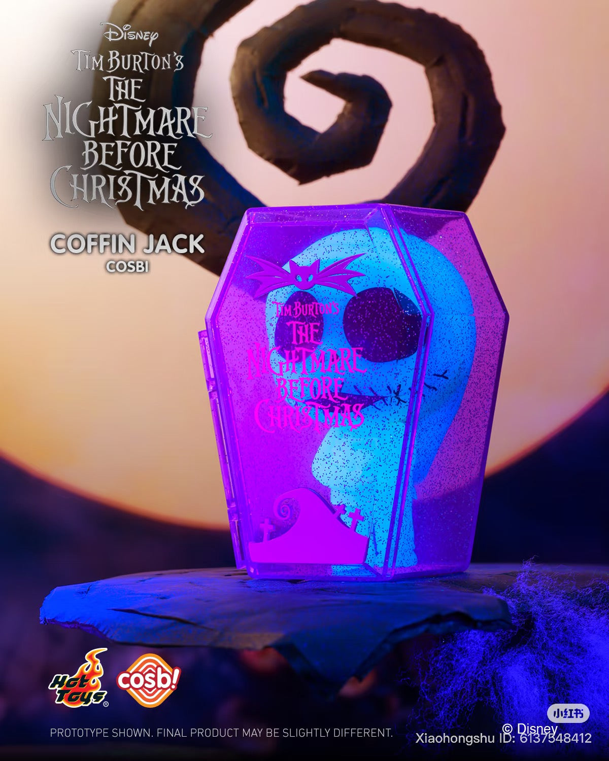 Cosbi The Nightmare Before Christmas Blind Box Series featuring Coffin Jack in a glittery purple display case, showcasing Halloween Town's iconic elements. Preorder available at Strangecat Toys.