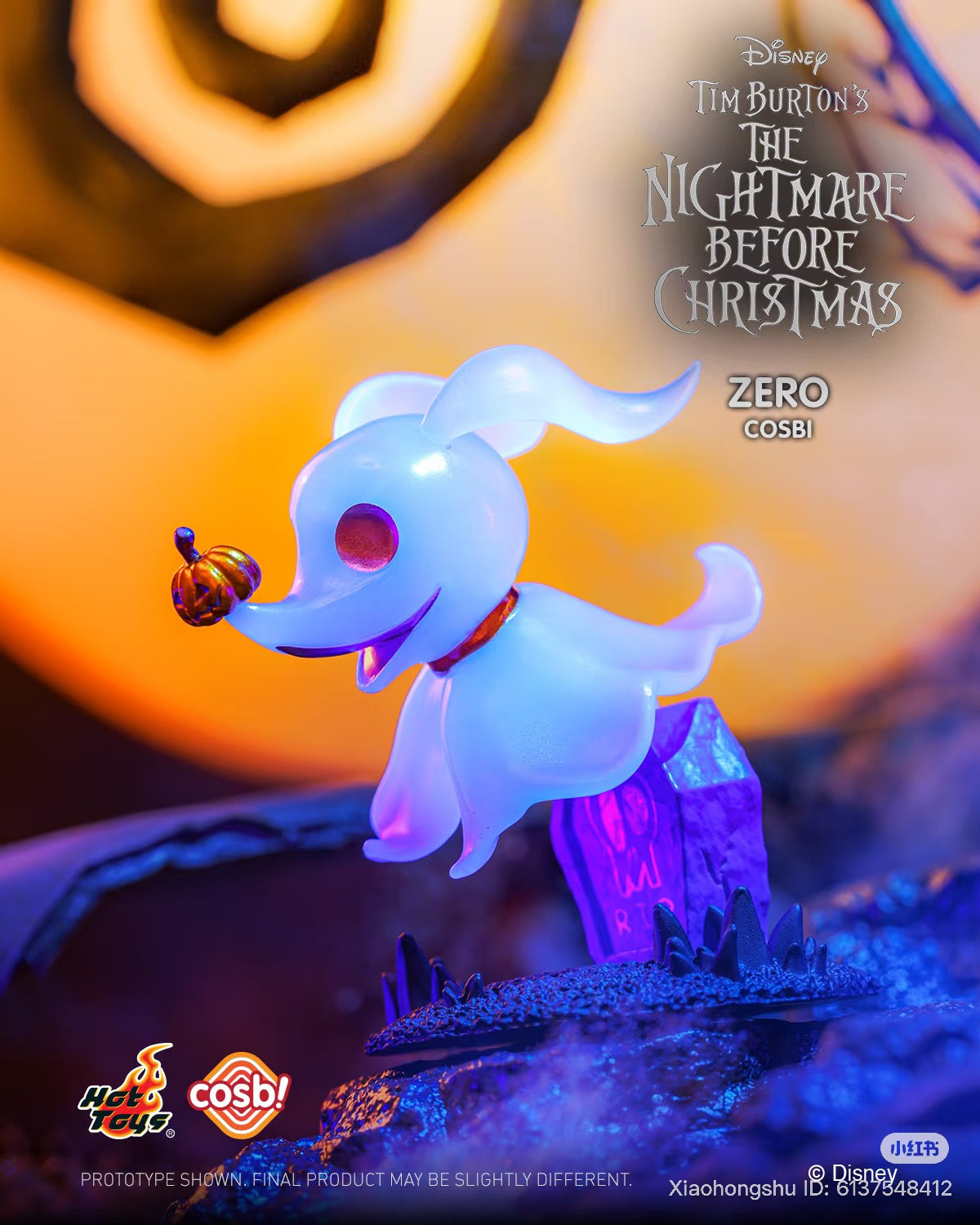 Zero ghost dog figure from Cosbi The Nightmare Before Christmas Blind Box Series, featuring a translucent design with a pumpkin nose on a graveyard base.