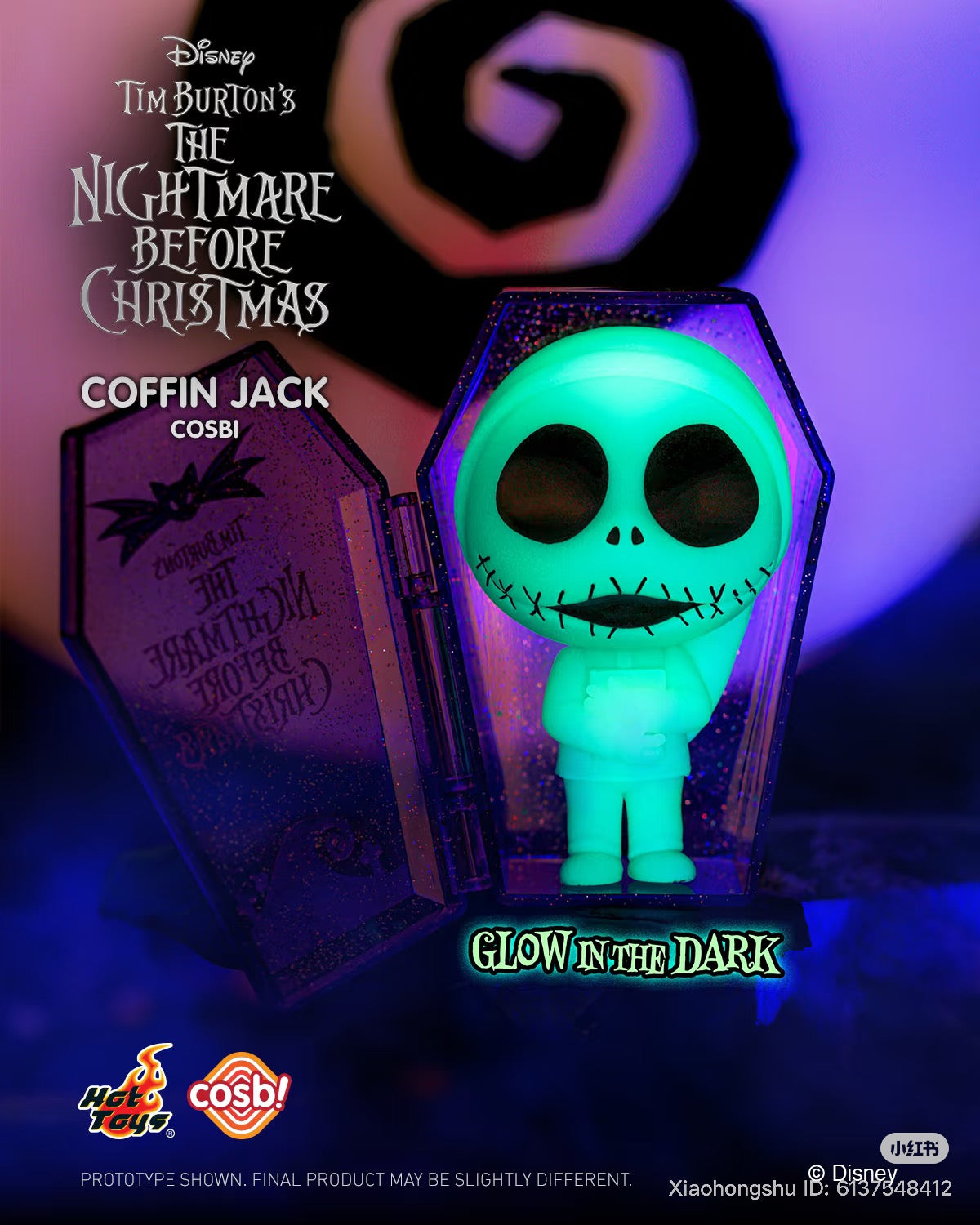 Glow-in-the-dark Jack Skellington collectible in a glittery coffin-shaped case from Cosbi The Nightmare Before Christmas Blind Box Series, preorder for November 2025.