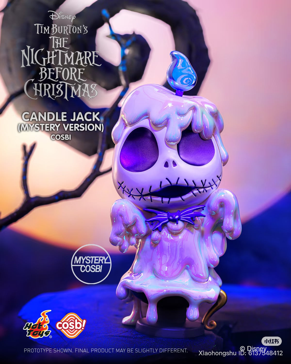 Cosbi The Nightmare Before Christmas Blind Box Series: Jack Skellington as a melting candle figure, featuring drippy wax and iconic bat-bow tie. Prototype image.