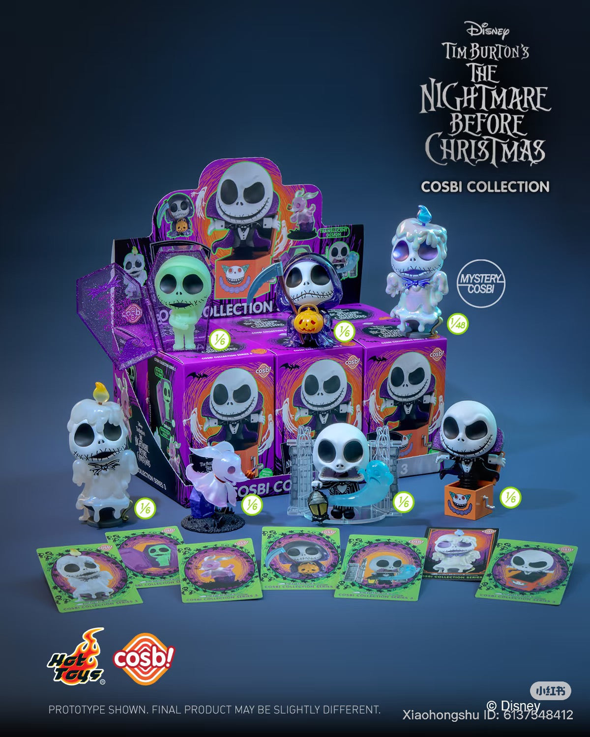 Cosbi The Nightmare Before Christmas Blind Box Series featuring Jack Skellington variants, display box, mini-figures, collectible cards, and rare mystery variant. Preorder available at Strangecat Toys.