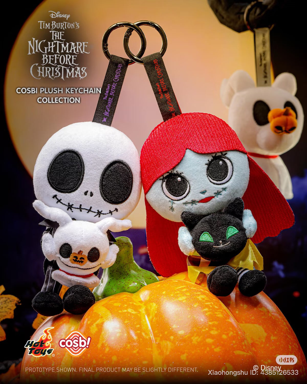 Cosbi Plush keychain from The Nightmare Before Christmas, featuring Jack with Zero and Sally with a cat, sitting on a pumpkin. Preorder now for Strangecat Toys.