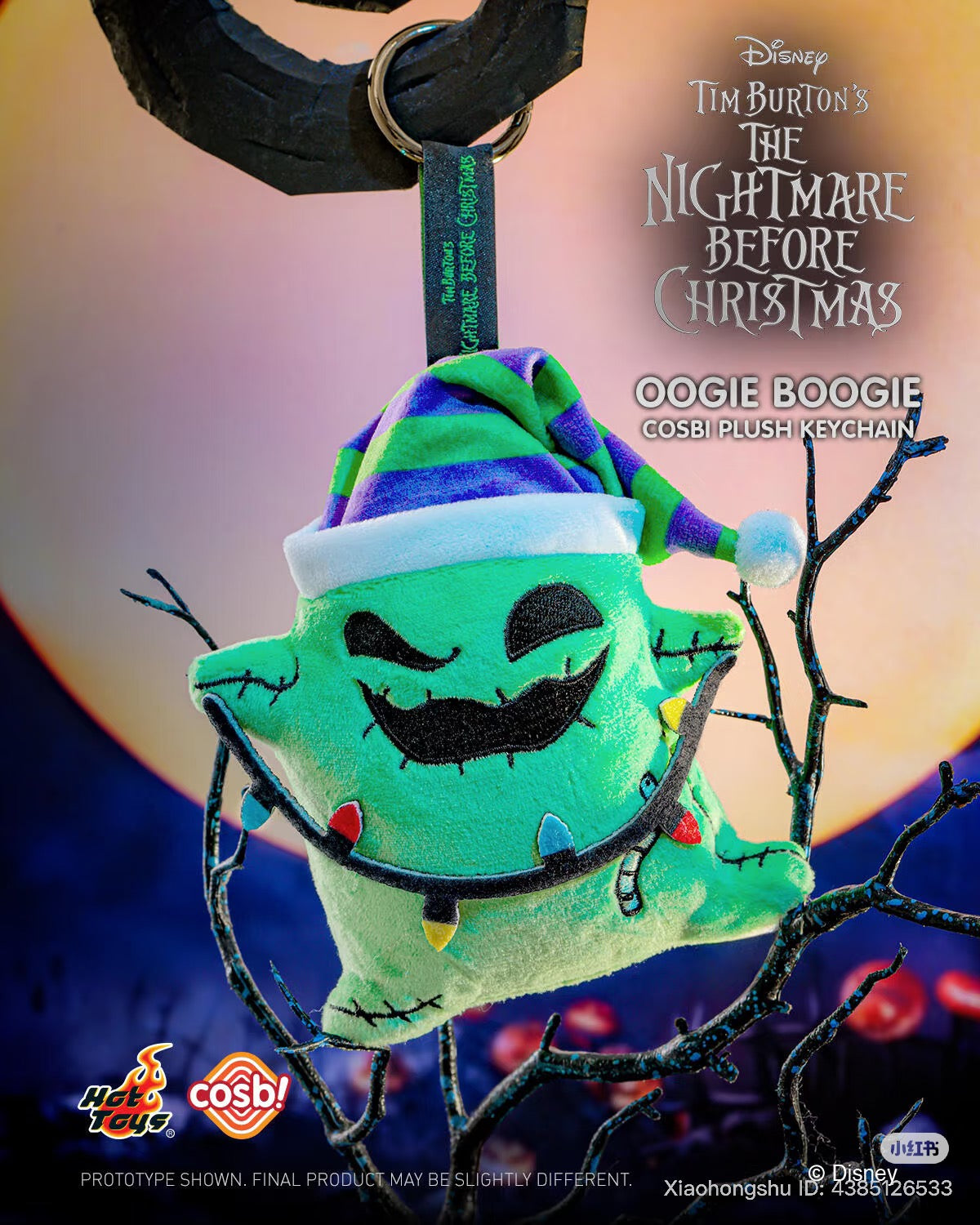 Oogie Boogie Cosbi Plush keychain from The Nightmare Before Christmas series, featuring a green plush with Santa hat and Christmas lights. Preorder for Strangecat Toys Blind Box Series.