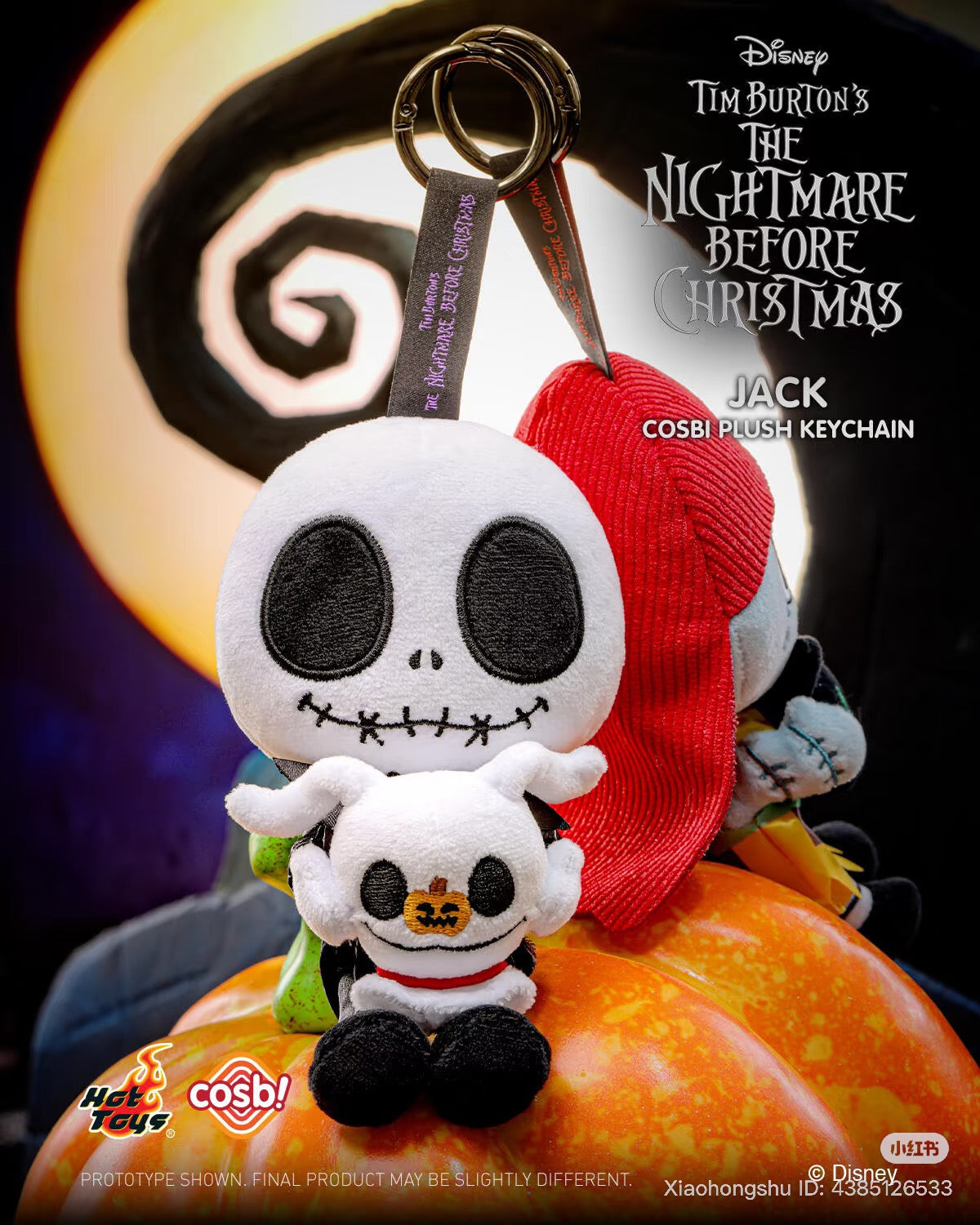 Cosbi Plush keychain The Nightmare Before Christmas Blind Box Series - Preorder, featuring plush Jack Skellington and Zero on a decorative pumpkin with key rings.