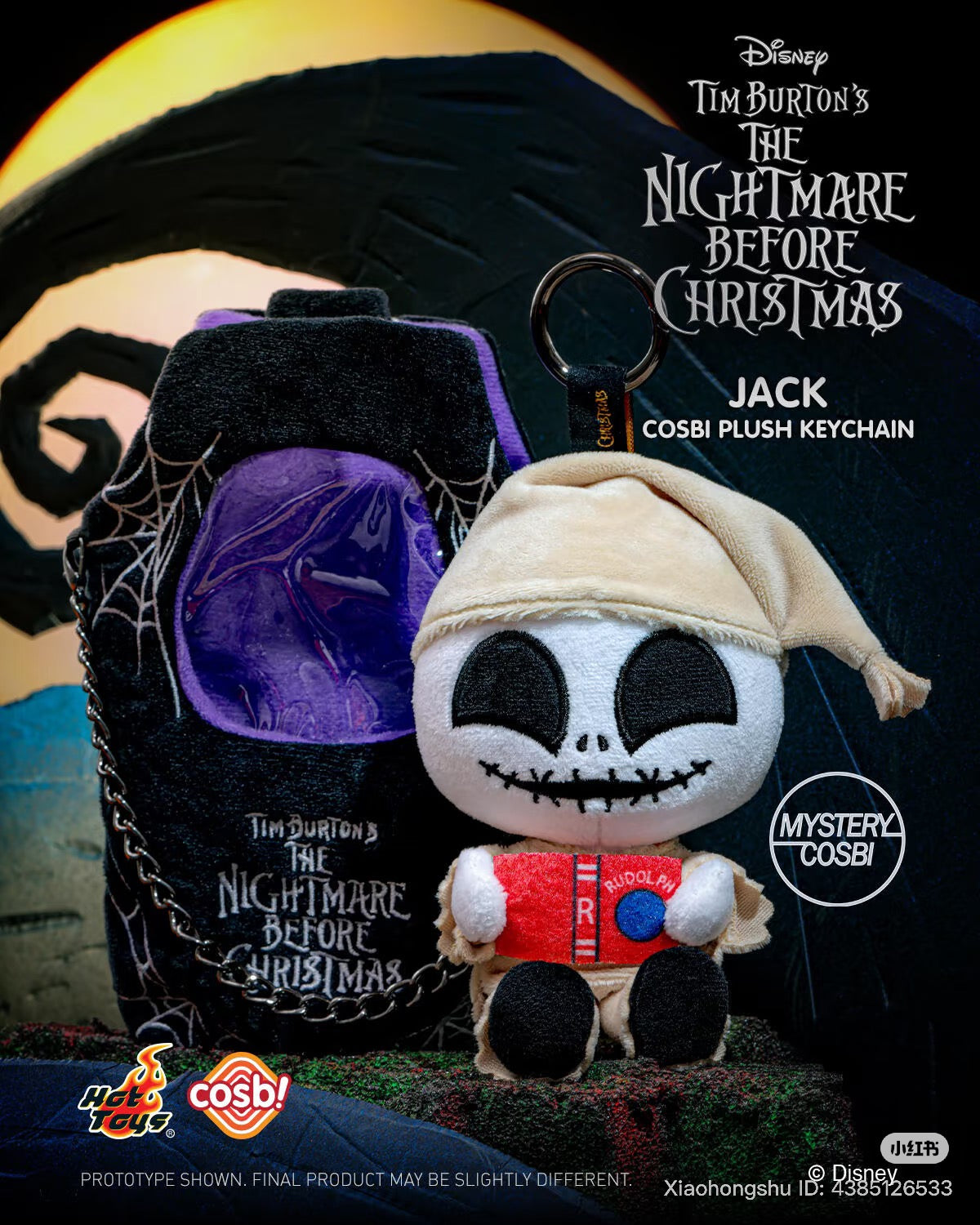 Cosbi Plush keychain from The Nightmare Before Christmas, featuring Jack Skellington with a nightcap and book, attached to a coffin-shaped bag. Preorder available.
