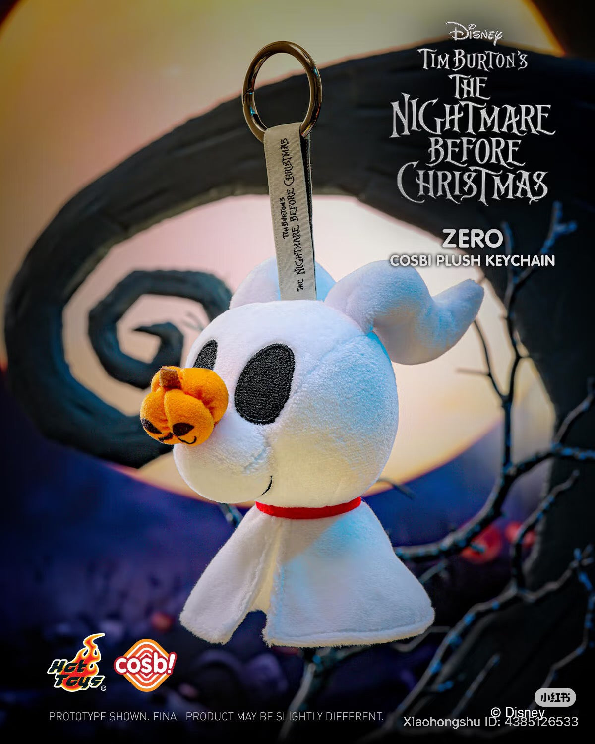 Cosbi Plush keychain featuring Zero from The Nightmare Before Christmas, showcasing a ghost-dog with a pumpkin nose. Preorder for November 2025 delivery.