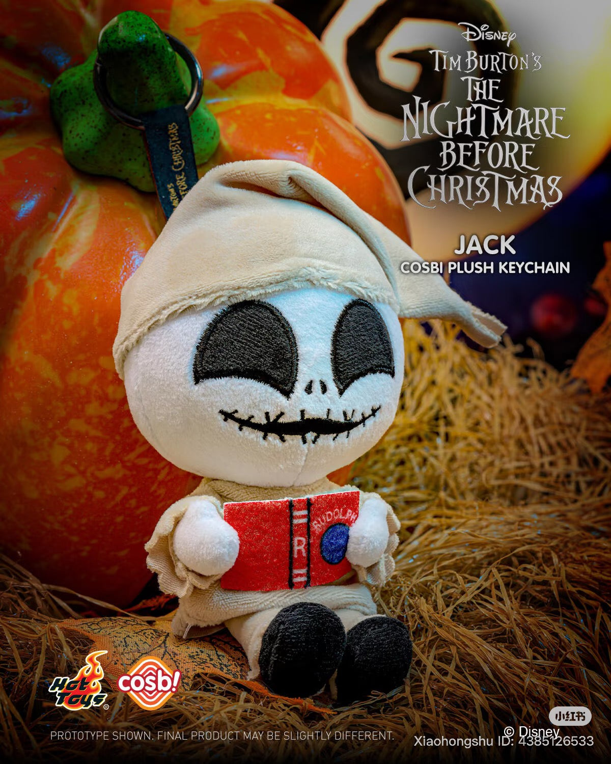 Cosbi Plush keychain The Nightmare Before Christmas Blind Box Series - Preorder featuring Jack Skellington in nightshirt, holding a red book, displayed with pumpkin backdrop.