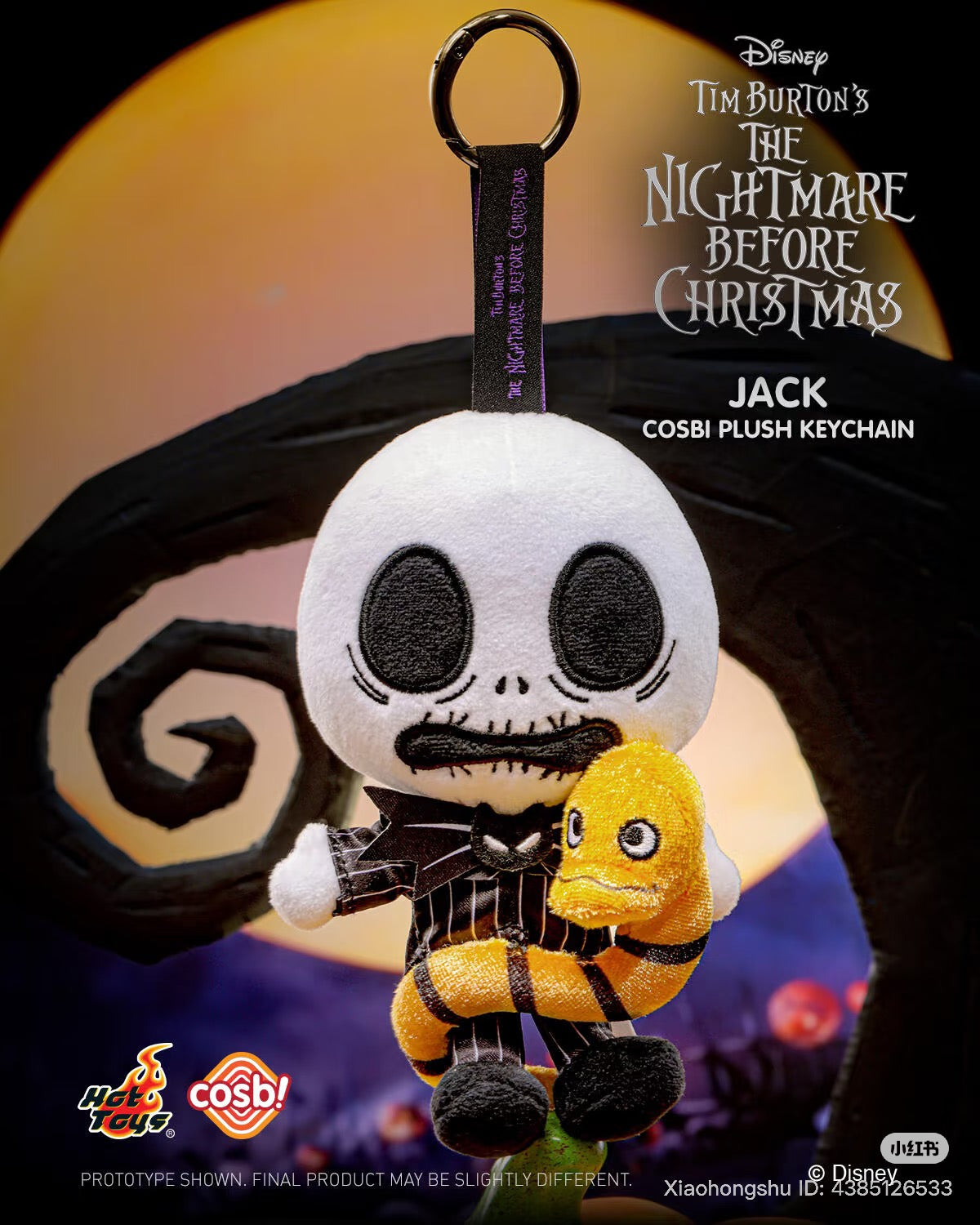 Cosbi Plush keychain of Jack Skellington, featuring a stylized design with a plush snake, part of The Nightmare Before Christmas Blind Box Series, available for preorder.