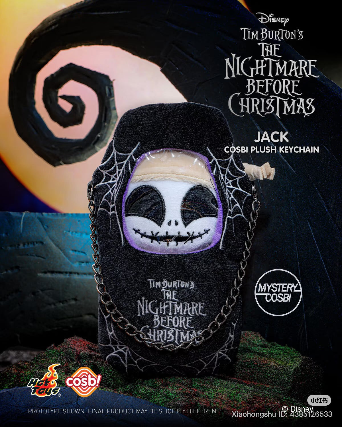 Cosbi Plush Keychain: The Nightmare Before Christmas Blind Box Series, featuring a Jack Skellington pouch with spider-web embroidery, available for preorder at Strangecat Toys.