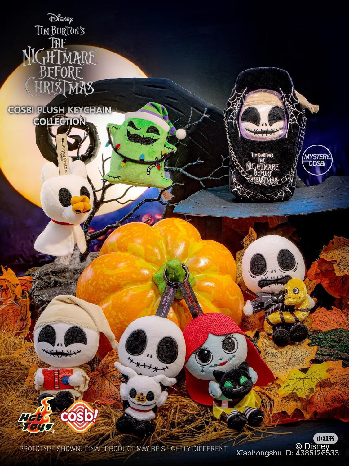 Cosbi Plush Keychain The Nightmare Before Christmas Blind Box Series - Preorder features stylized character keychains on a Halloween-themed set, showcasing Jack, Sally, Oogie Boogie, and more.