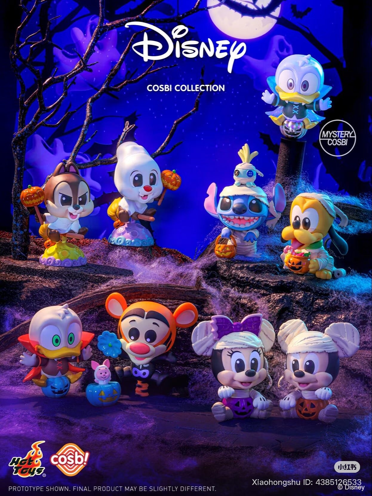 Cosbi Disney Pumpkin Party Blind Box Series - Preorder: Nine chibi Disney characters in Halloween costumes, set in a spooky forest, promoting mystery collectibles.