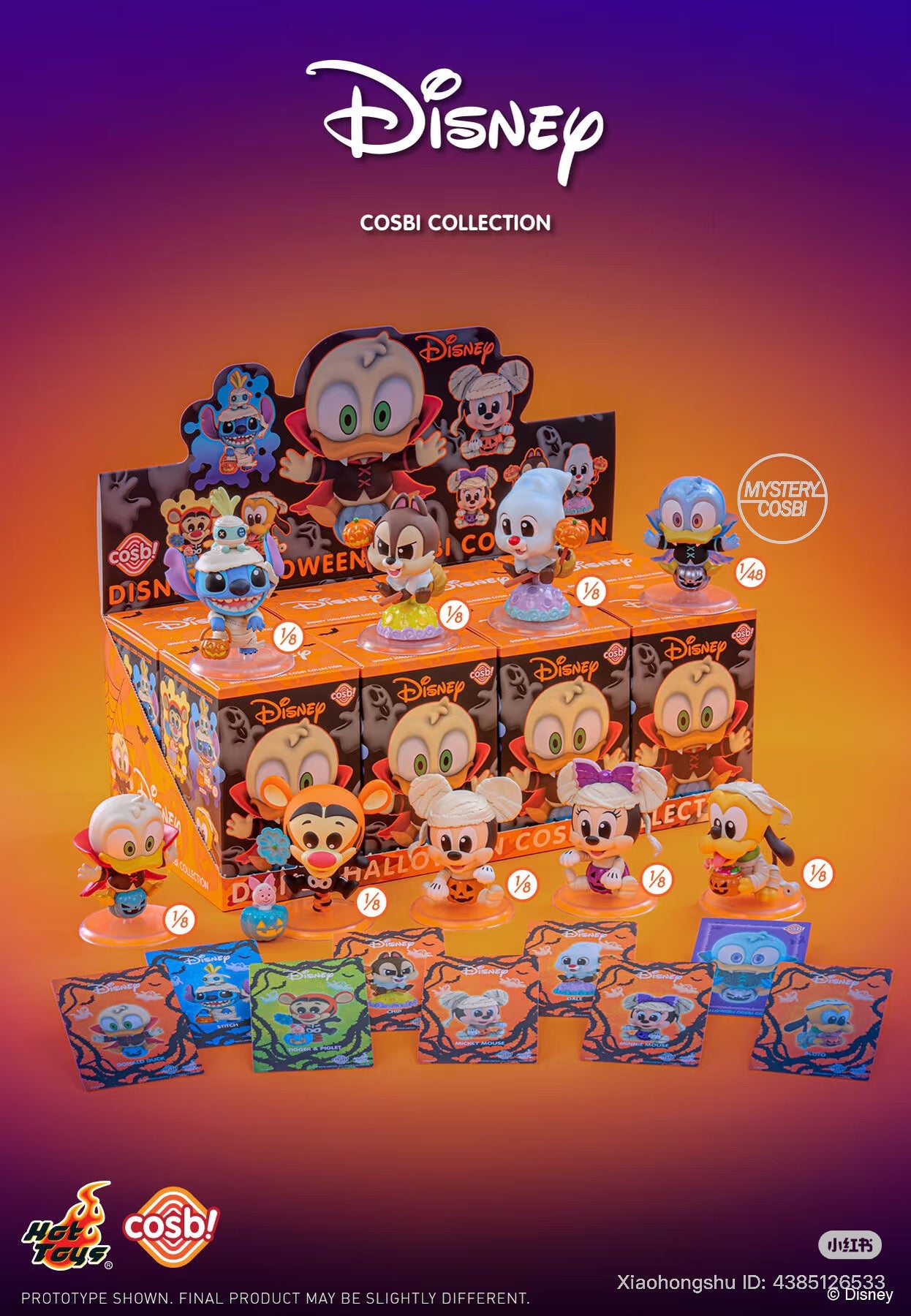 Cosbi Disney Pumpkin Party Blind Box Series figures in Halloween costumes with collector cards, display box, and logos, available for preorder from Strangecat Toys.