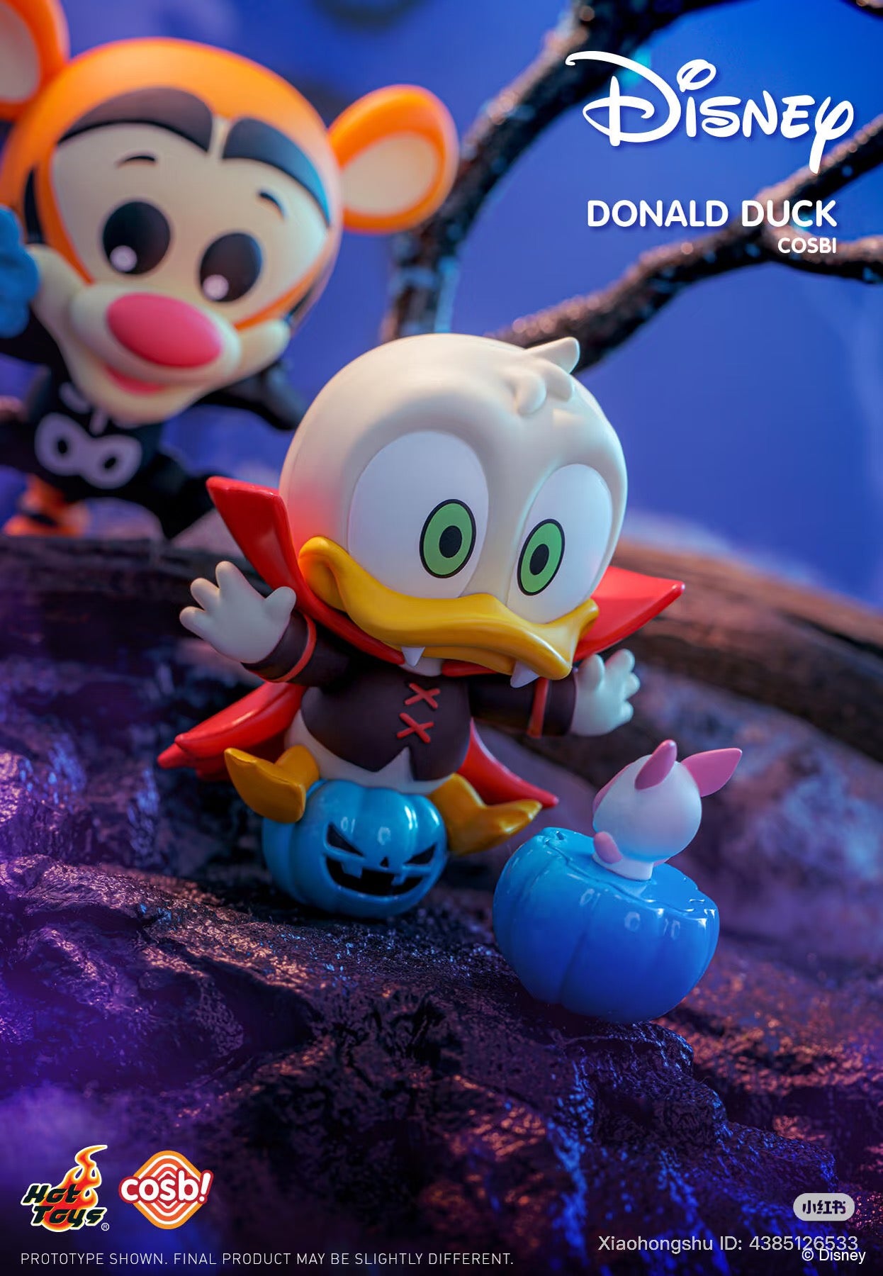 Disney Cosbi Pumpkin Party Blind Box Series: Donald Duck in vampire outfit on blue pumpkin, with companion figure. Preorder at Strangecat Toys.