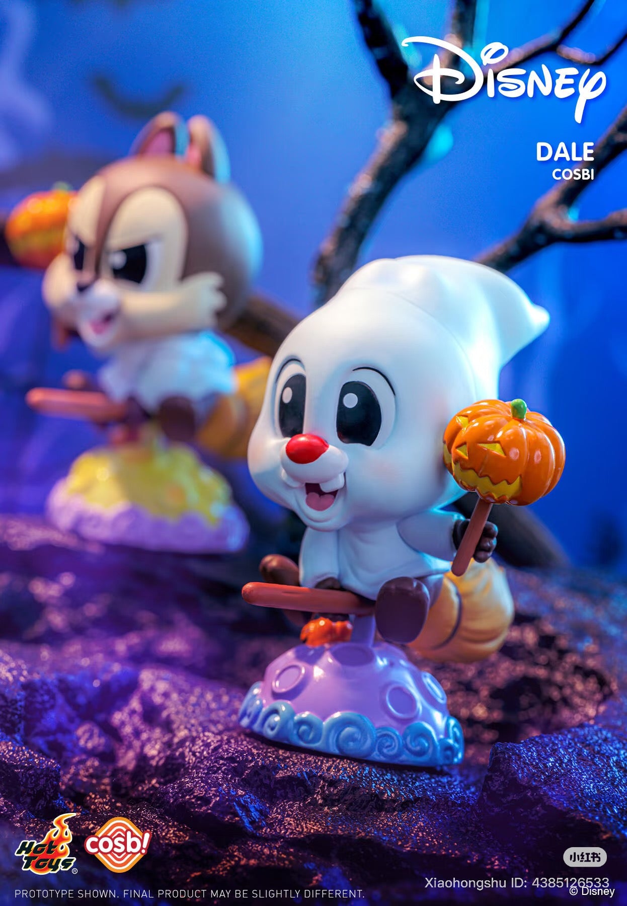 Cosbi Disney Pumpkin Party Blind Box Series: Dale in ghost costume with jack-o’-lantern lollipop on purple moon base, Chip in background. Preorder for Nov 2025.