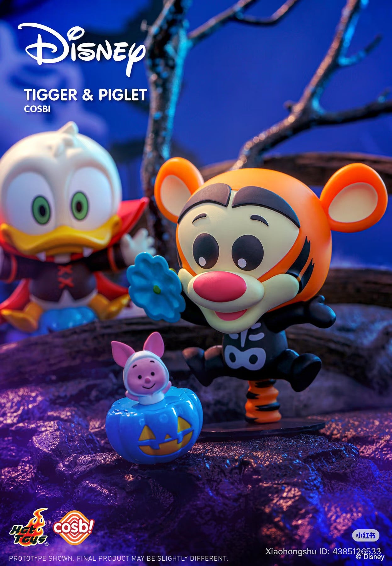 Cosbi Disney Pumpkin Party Blind Box Series - Preorder: Tigger in skeleton costume, Piglet in jack-o’-lantern, with a ghostly figure in the background.