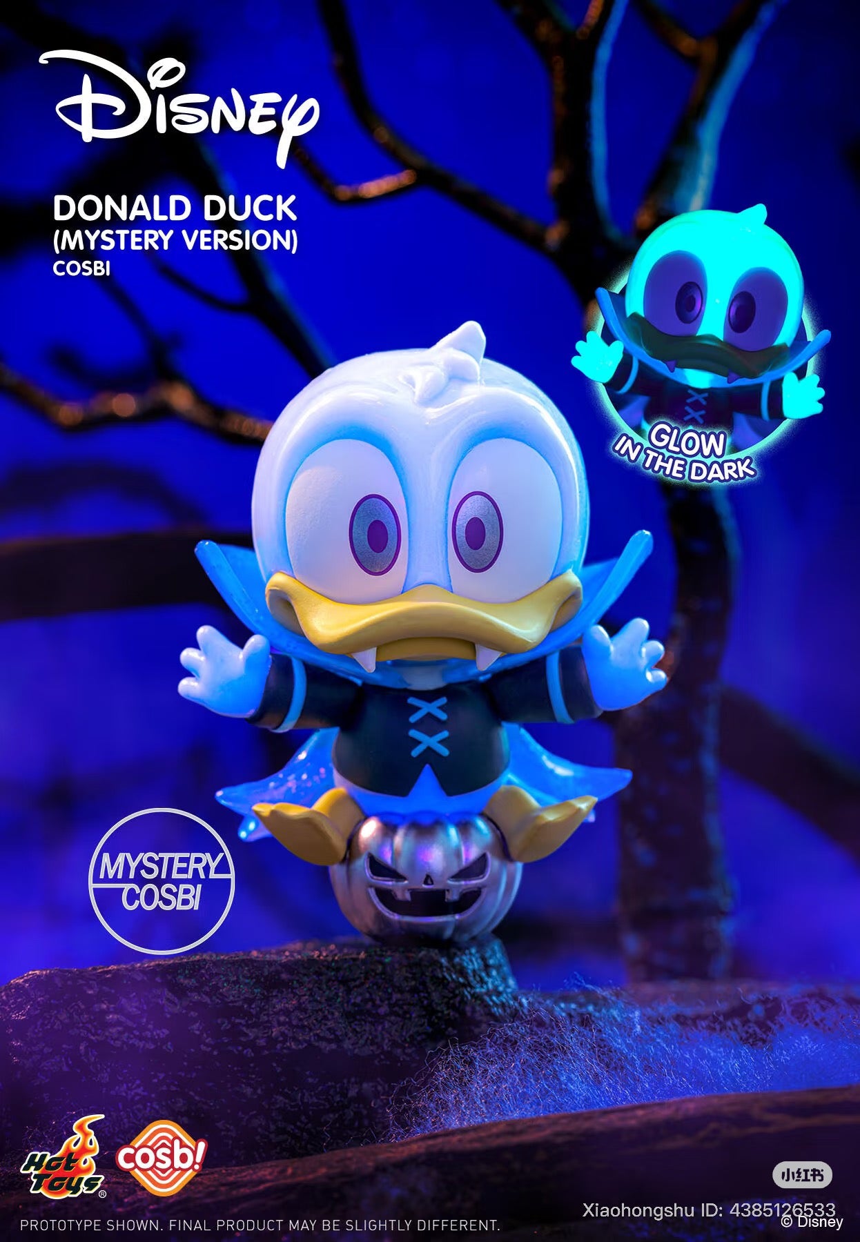 Donald Duck in vampire outfit on a glowing pumpkin. Part of Cosbi Disney Pumpkin Party Blind Box Series - Preorder. Includes Disney, Hot Toys branding.