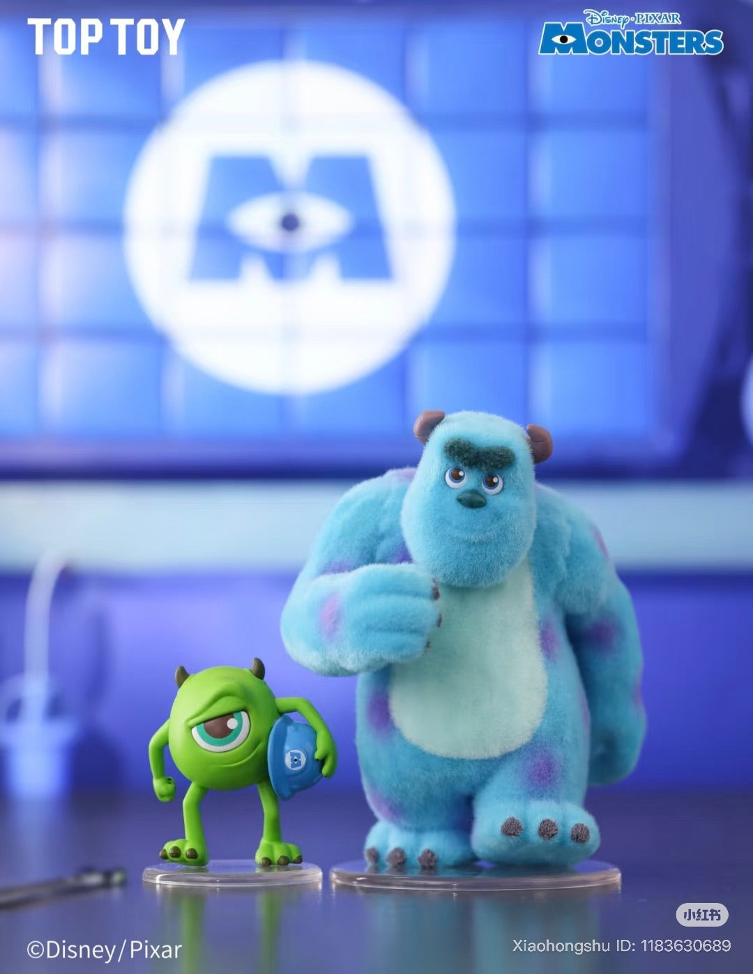 Disney Pixar Monsters, Inc. Series “Work Log” Blind Box figures of Sulley and Mike on display stands, featuring Monsters branding. Preorder for November 2025 delivery.