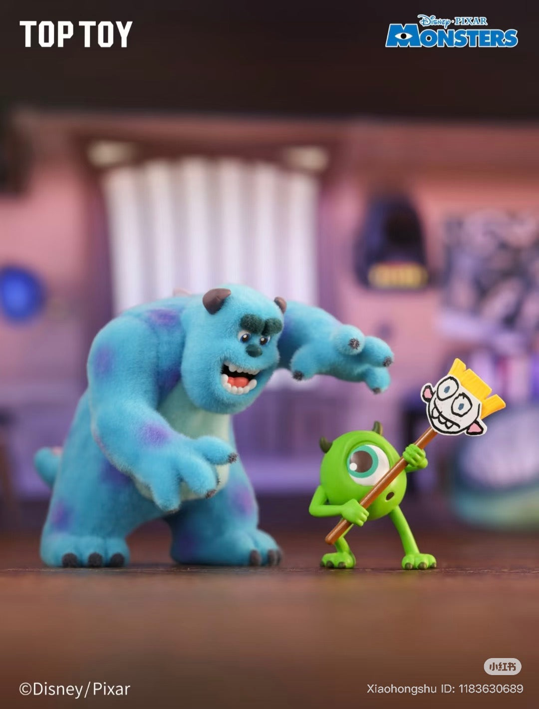 Disney Pixar Monsters, Inc. Series “Work Log” Blind Box showcases Sulley reaching out and Mike with a comedic mask, promoting collectible toy figures.