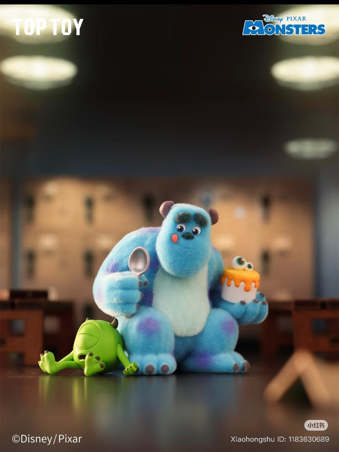 Collectible Sulley and Mike figures from Disney Pixar Monsters, Inc. Series “Work Log” Blind Box, featuring Sulley with a cake, available for preorder.