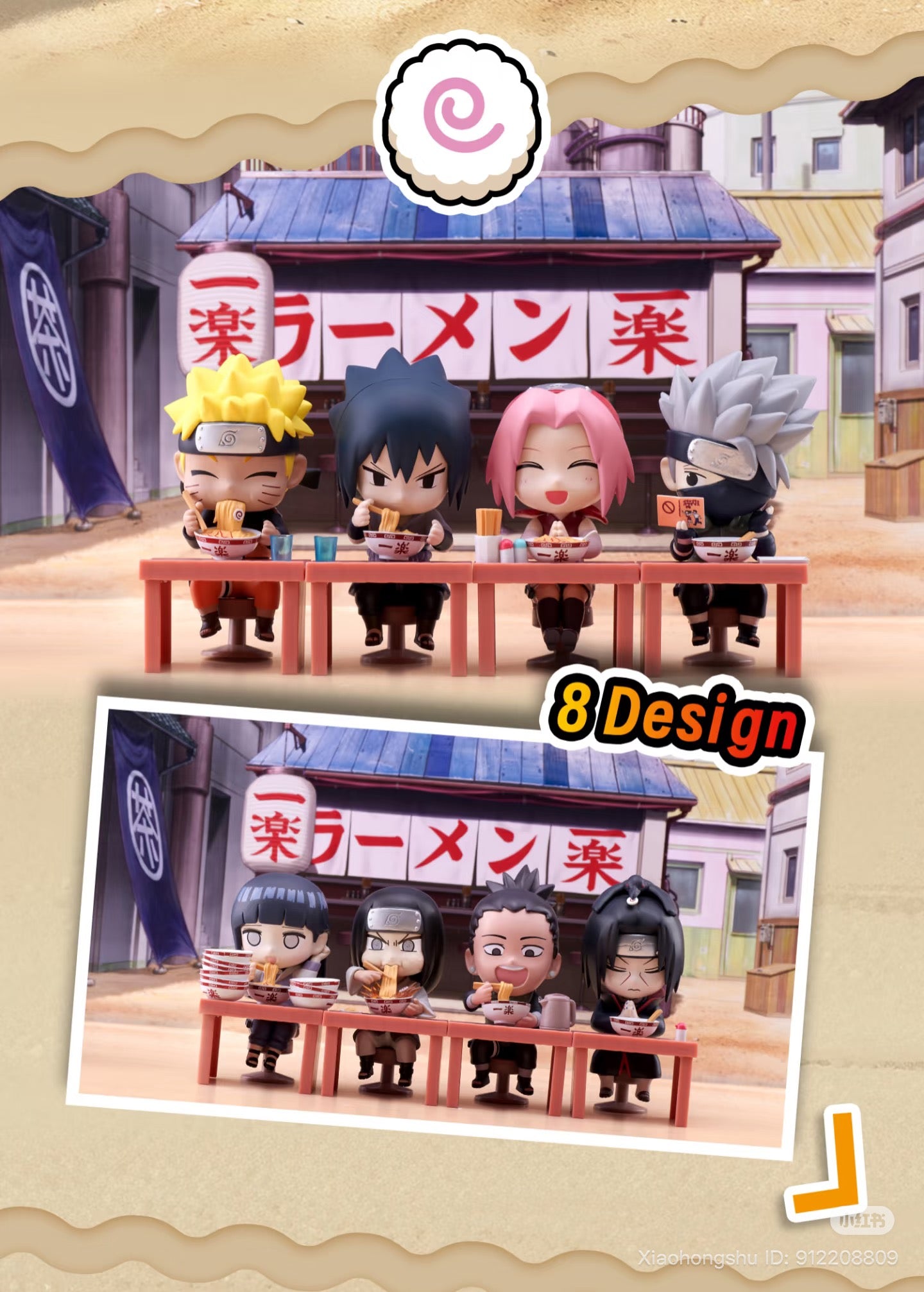 Chibi Naruto figurines at Ichiraku Ramen counter from Naruto Shippuden Ramen Theme Blind Box - Preorder, featuring 8-character designs, available at Strangecat Toys.