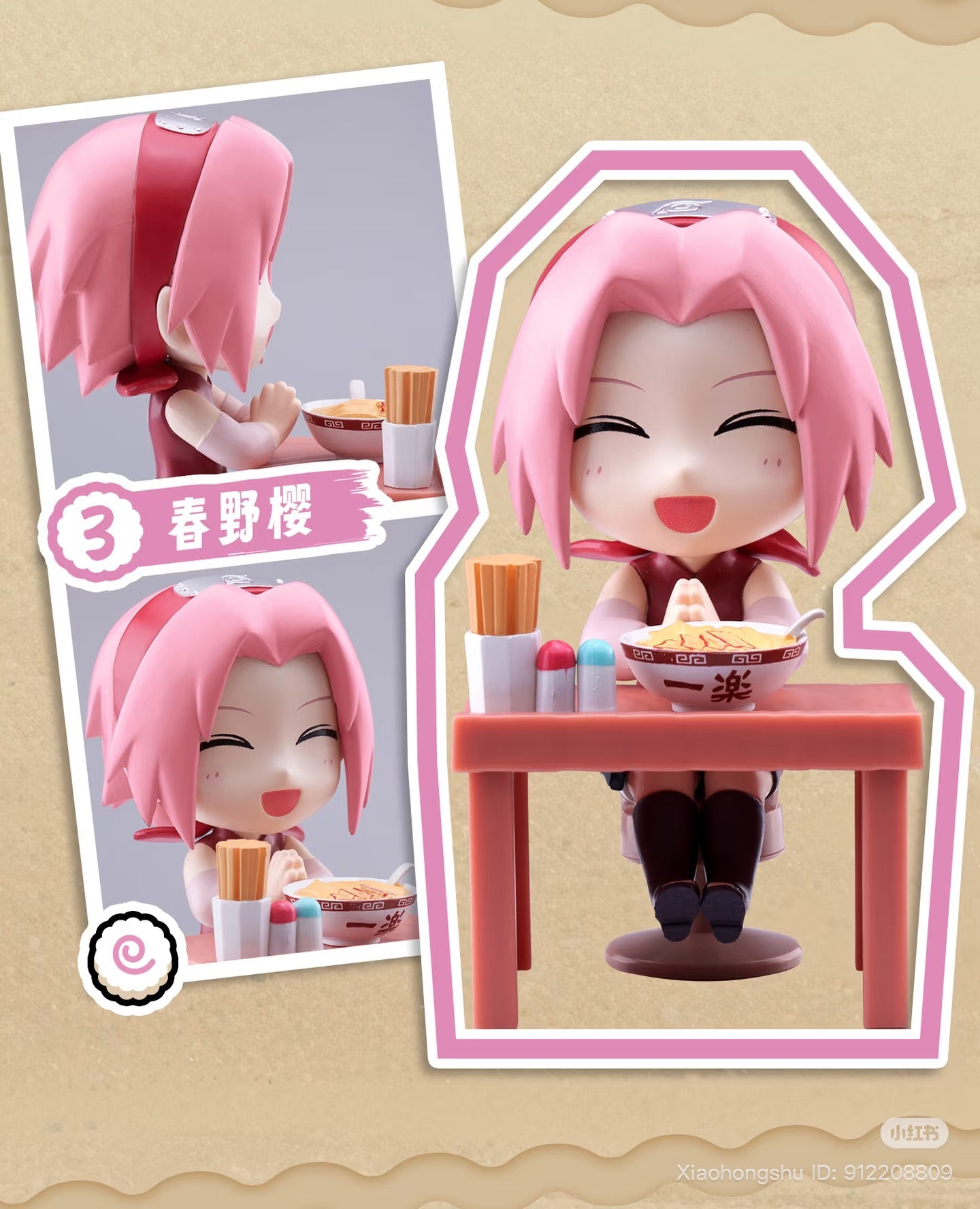 Naruto Shippuden Ramen Theme Blind Box - Preorder: Chibi Sakura Haruno figure enjoying ramen at Ichiraku Ramen stand, includes chopsticks and condiment shakers.