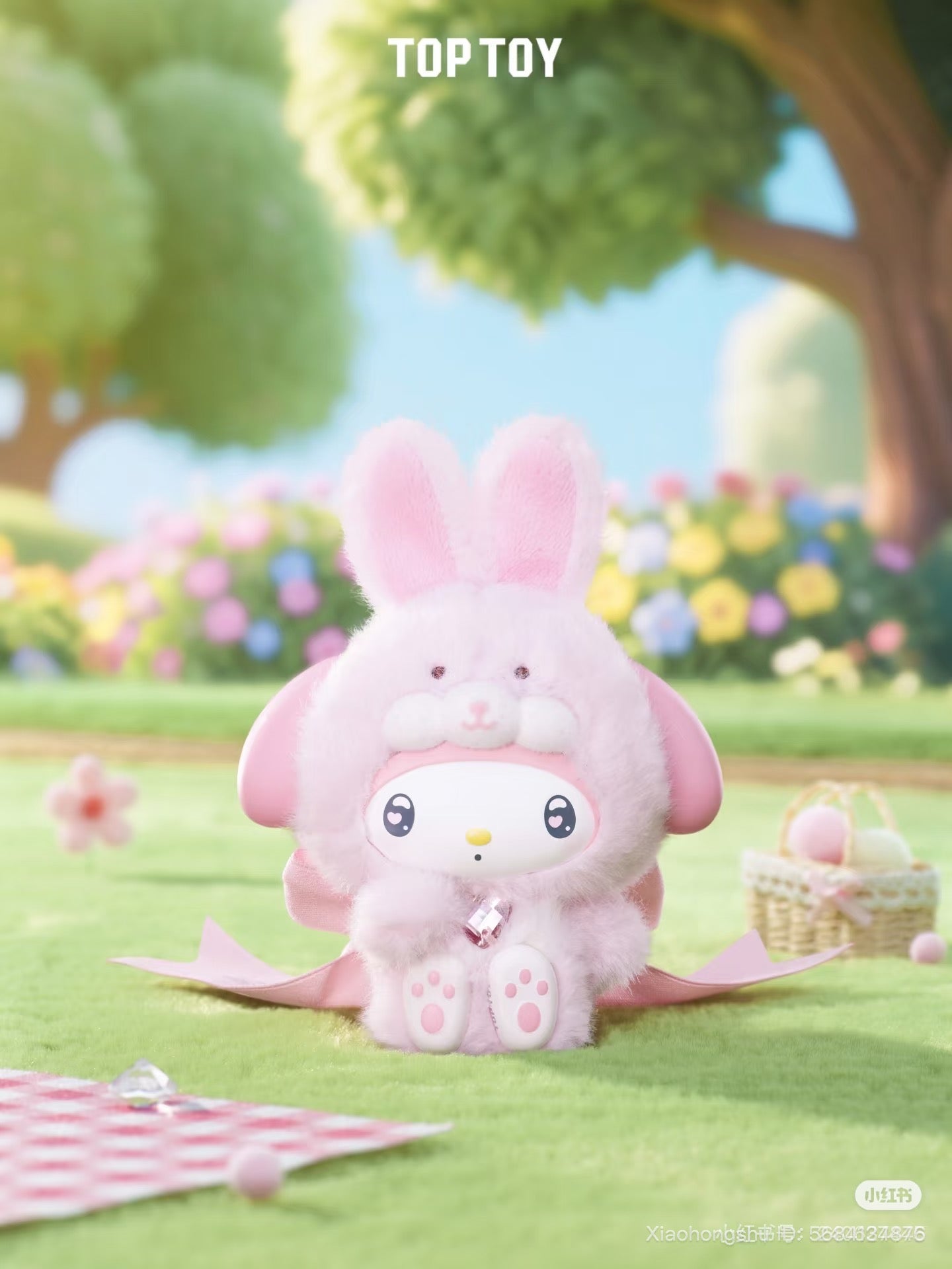 Sanrio Diamond Bunny Plush Keychain in a pink bunny suit at a picnic setting, part of a blind box series. Preorder for November 2025 shipping.