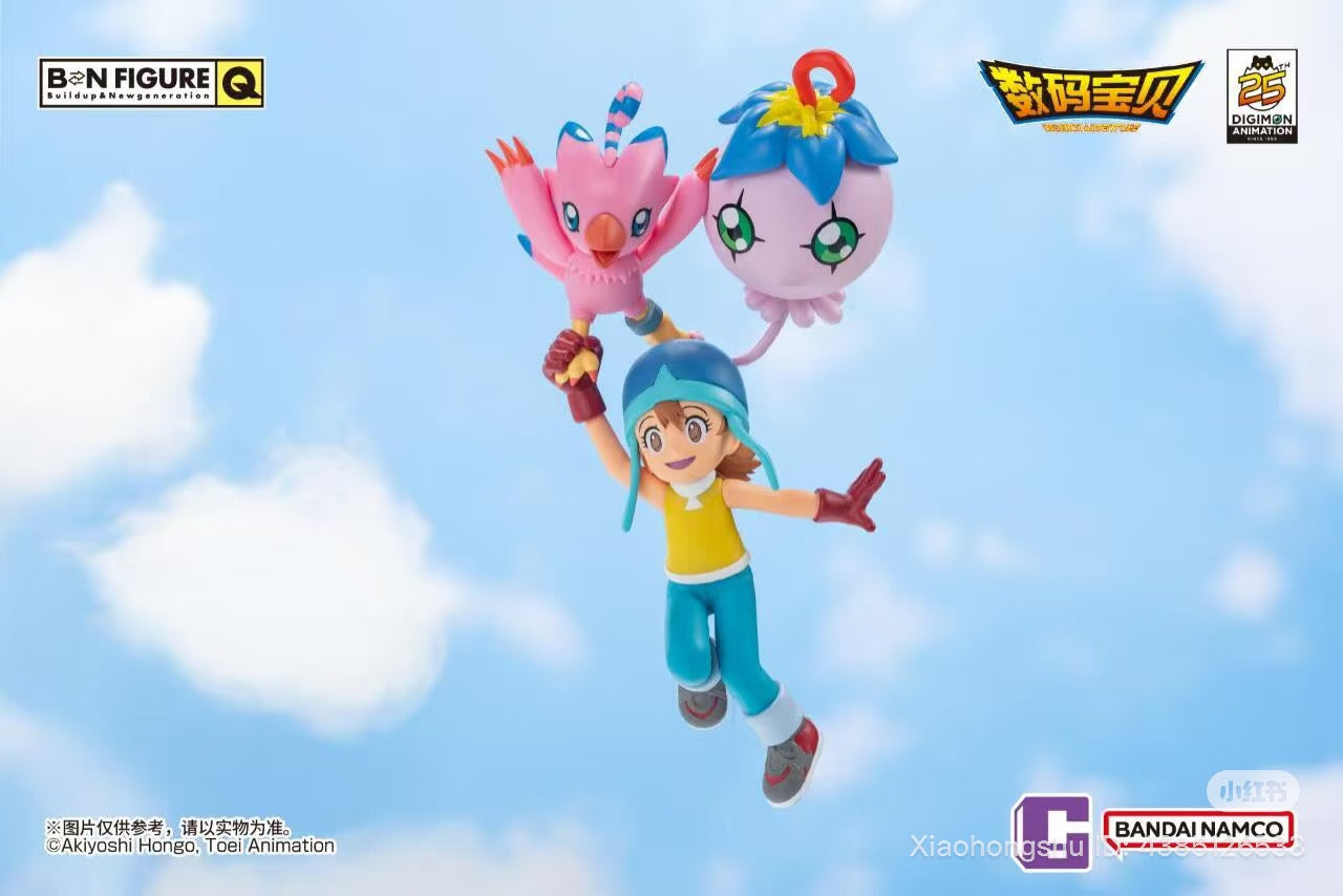 BNFIGURE Q Digimon Adventure 25th Anniversary collectible set featuring Sora with Biyomon and Yokomon, showcasing Bandai Namco's celebration of Digimon's legacy.