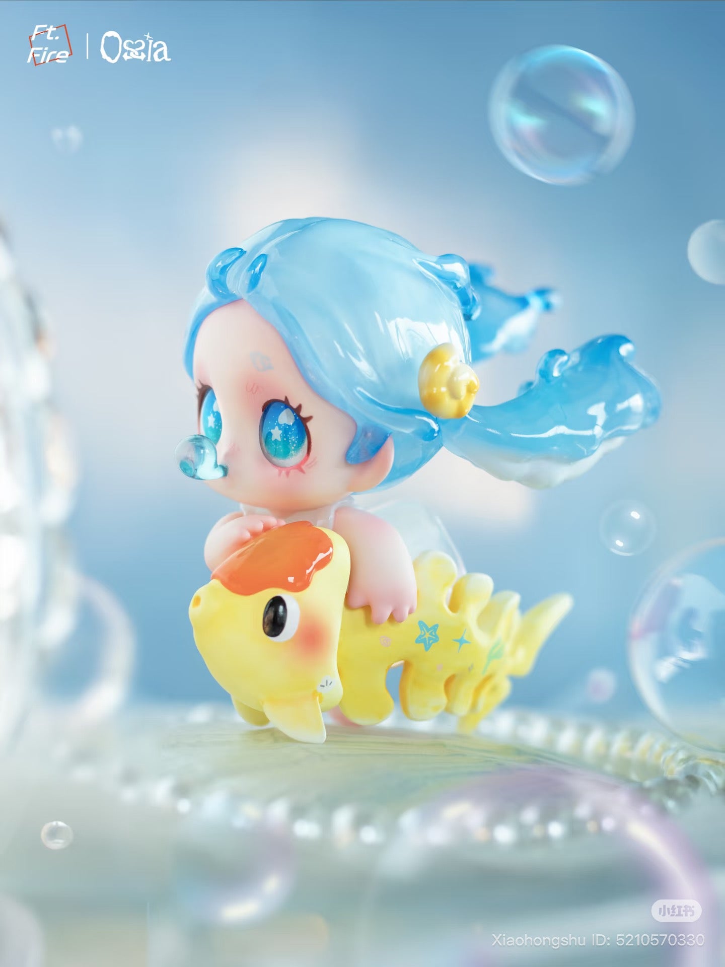 Chibi-style art toy with glossy pigtails and fish-like creature from Ossia - Feel The World Series Blind Box, preorder available at Strangecat Toys.