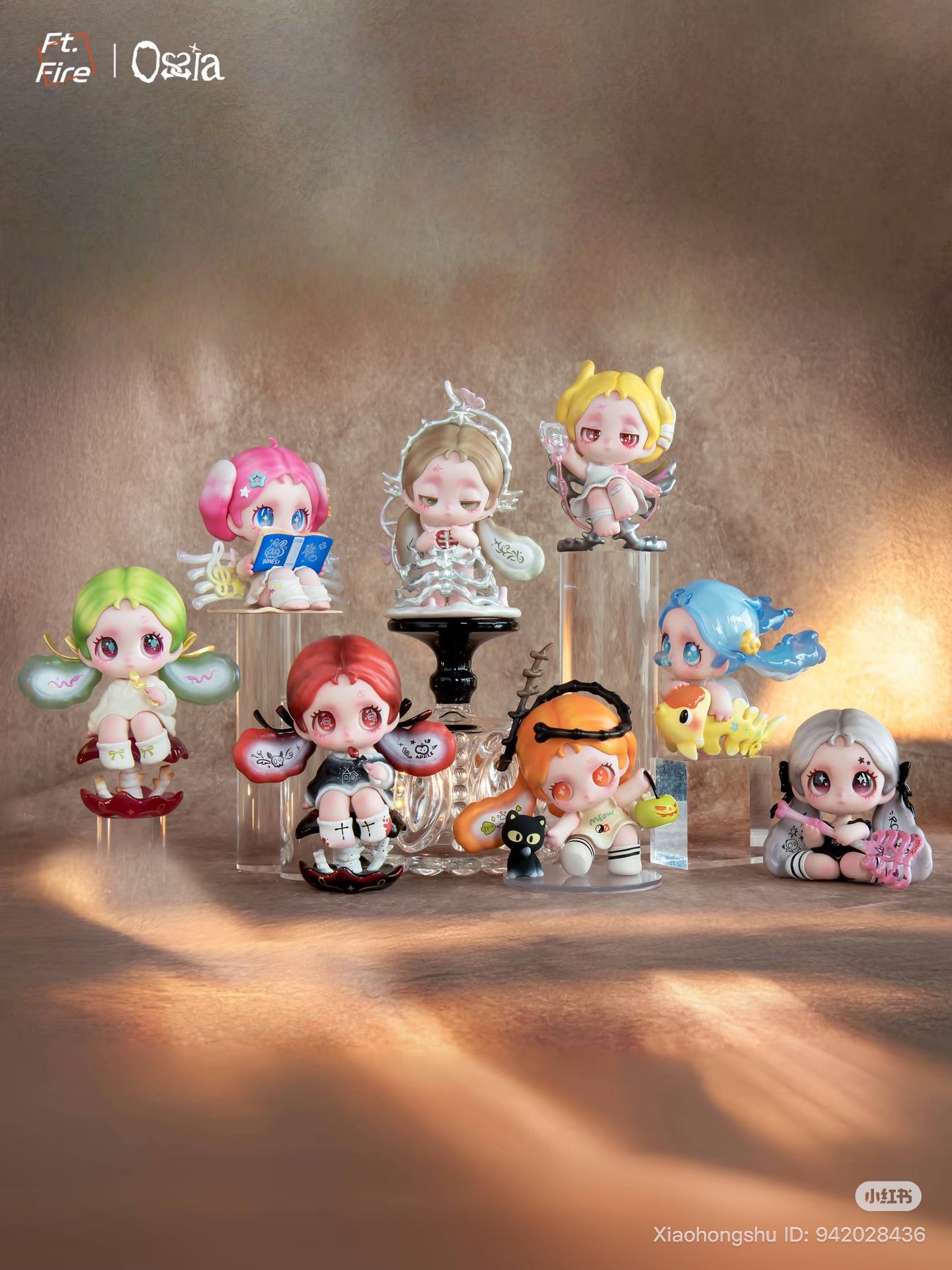 Ossia - Feel The World Series Blind Box preorder featuring eight chibi-style figurines, showcasing unique designs on display, branded Ft.Fire | Oosia.