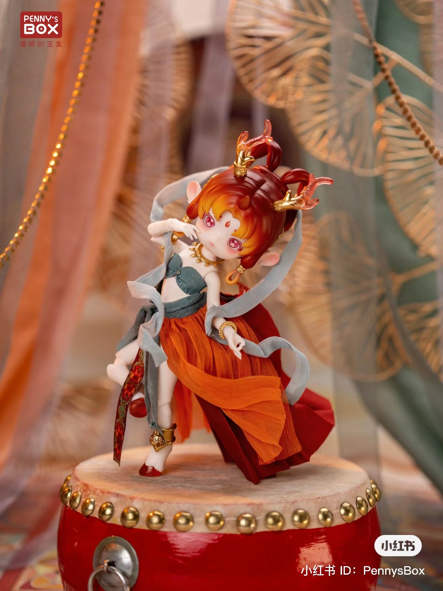A blind box series featuring Penny Box Silk Road Souvenir BJD figurines. Includes 6 regular designs and 1 secret. Toy figurines of women in garments, doll with red and gold headband.